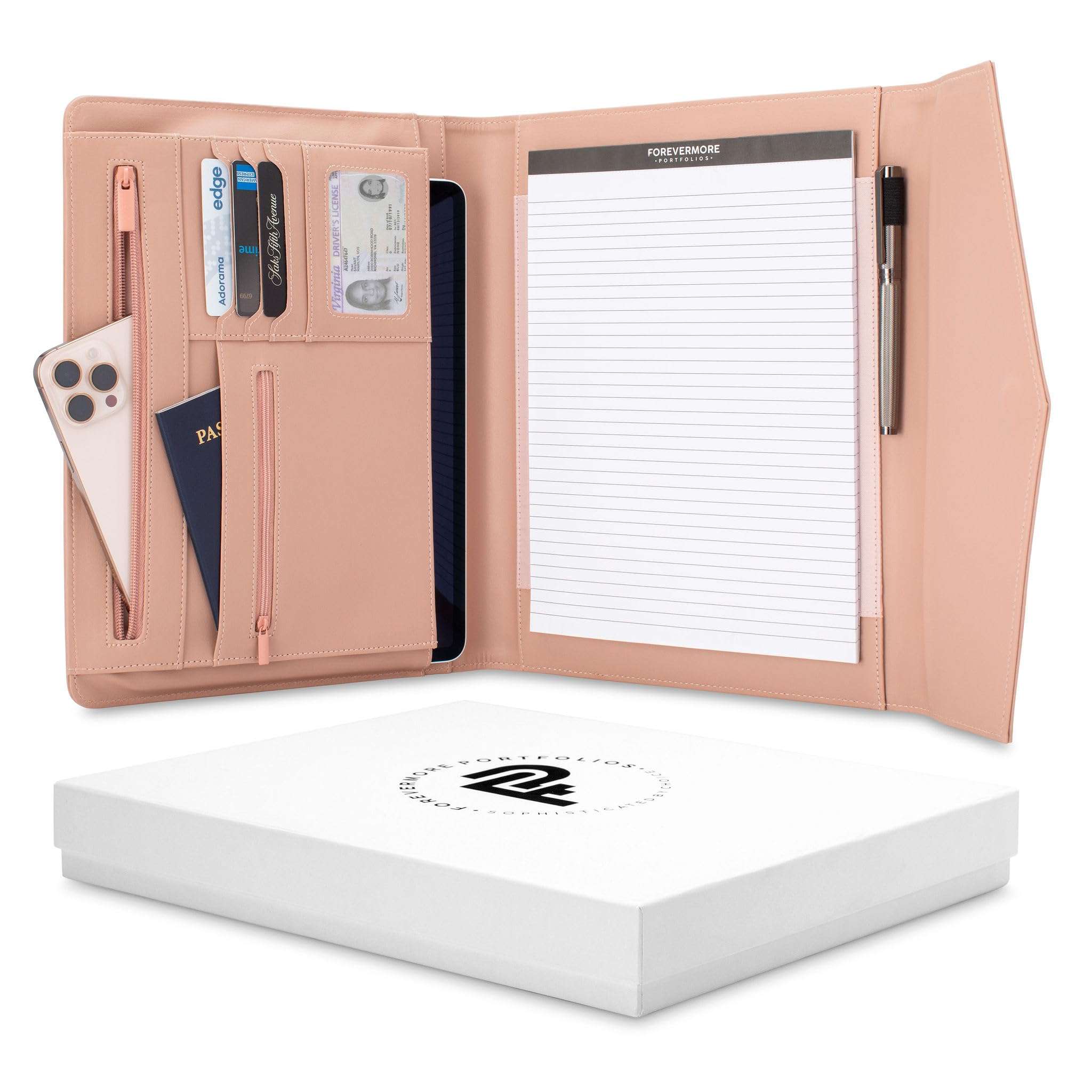 FOREVERMORE PORTFOLIOS Padfolio Binder Organizer for Women | Faux Leather Portfolio Folder for Resume, Documents, Notebook, Tablet and Business Cards | Notepad Included - Pink - Image 1