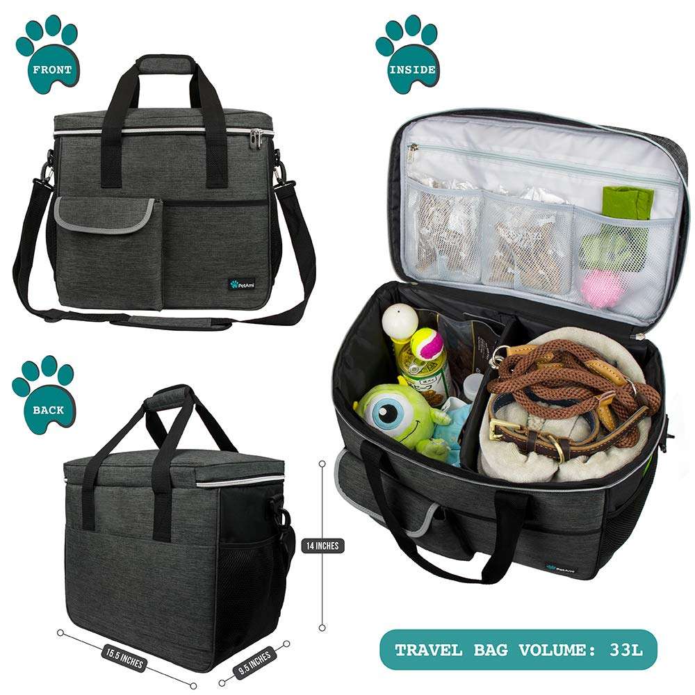 PetAmi Dog Travel Bag - Organizer with Food Container and Bowls, Supplies for Weekend Camping, Cat Diaper Bag (Charcoal, Large) - Image 2
