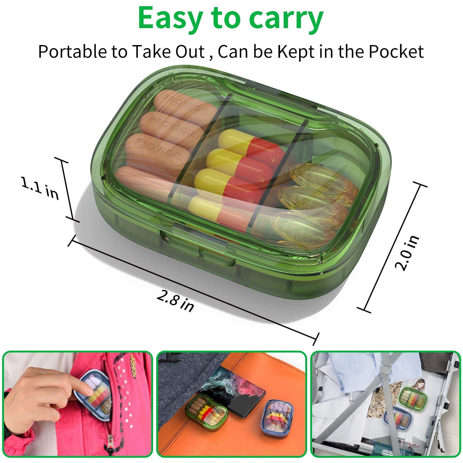 2 Pack 3 Compartment Small Pill Box, Moisture Proof Case, Travel Organizer for Pocket Purse, Daily Portable Medicine Vitamin Container, Fish Oil and Supplement Storage - Image 2