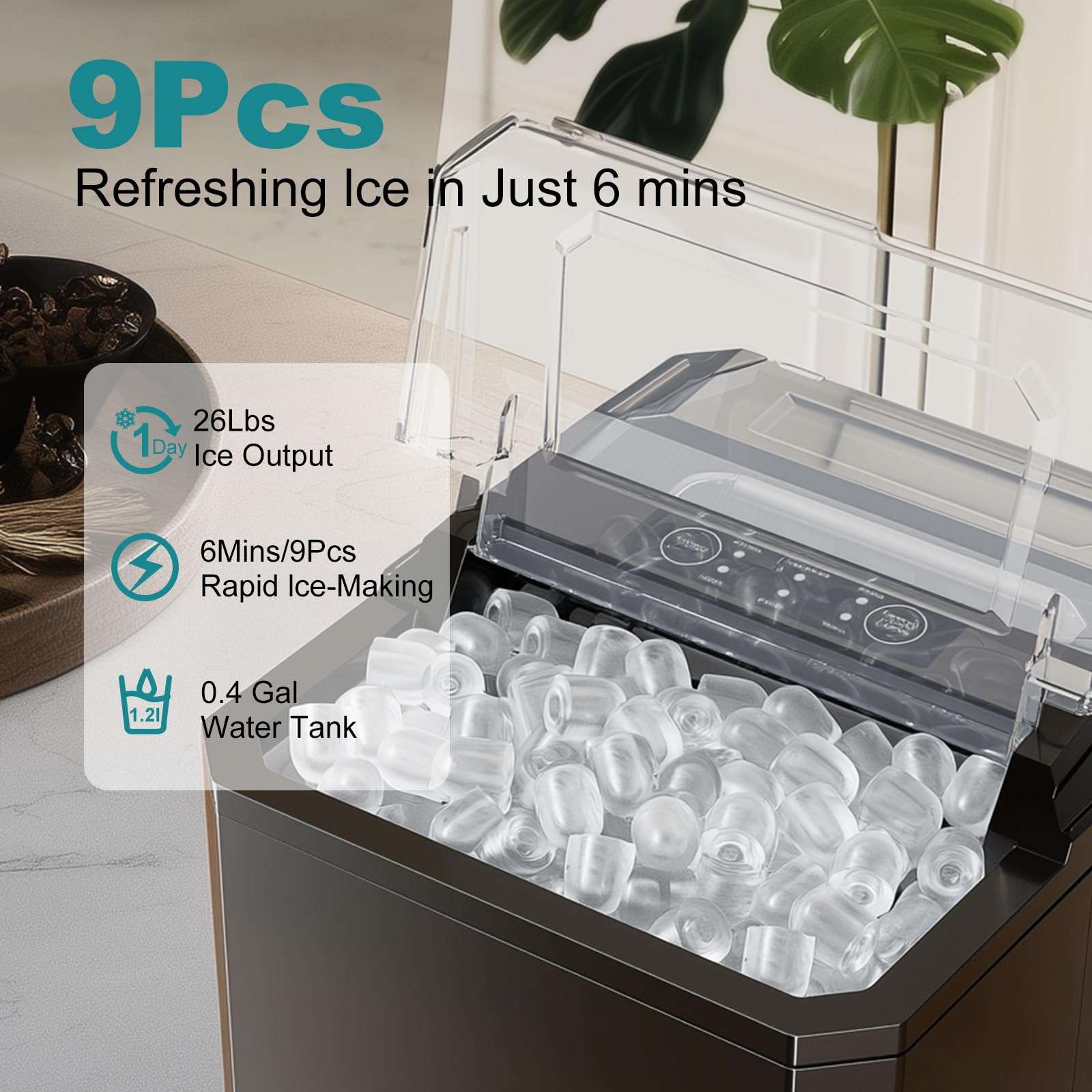 OLIXIS Ice Maker, Ice Makers Countertop with Handle, Portable Ice Machine, 9 Bullet Ice Cubes in 6 Mins, 26lbs in 24Hrs, Auto-Cleaning, with Basket and Scoop, for Home, Kitchen, RV, Camping, Black - Image 3