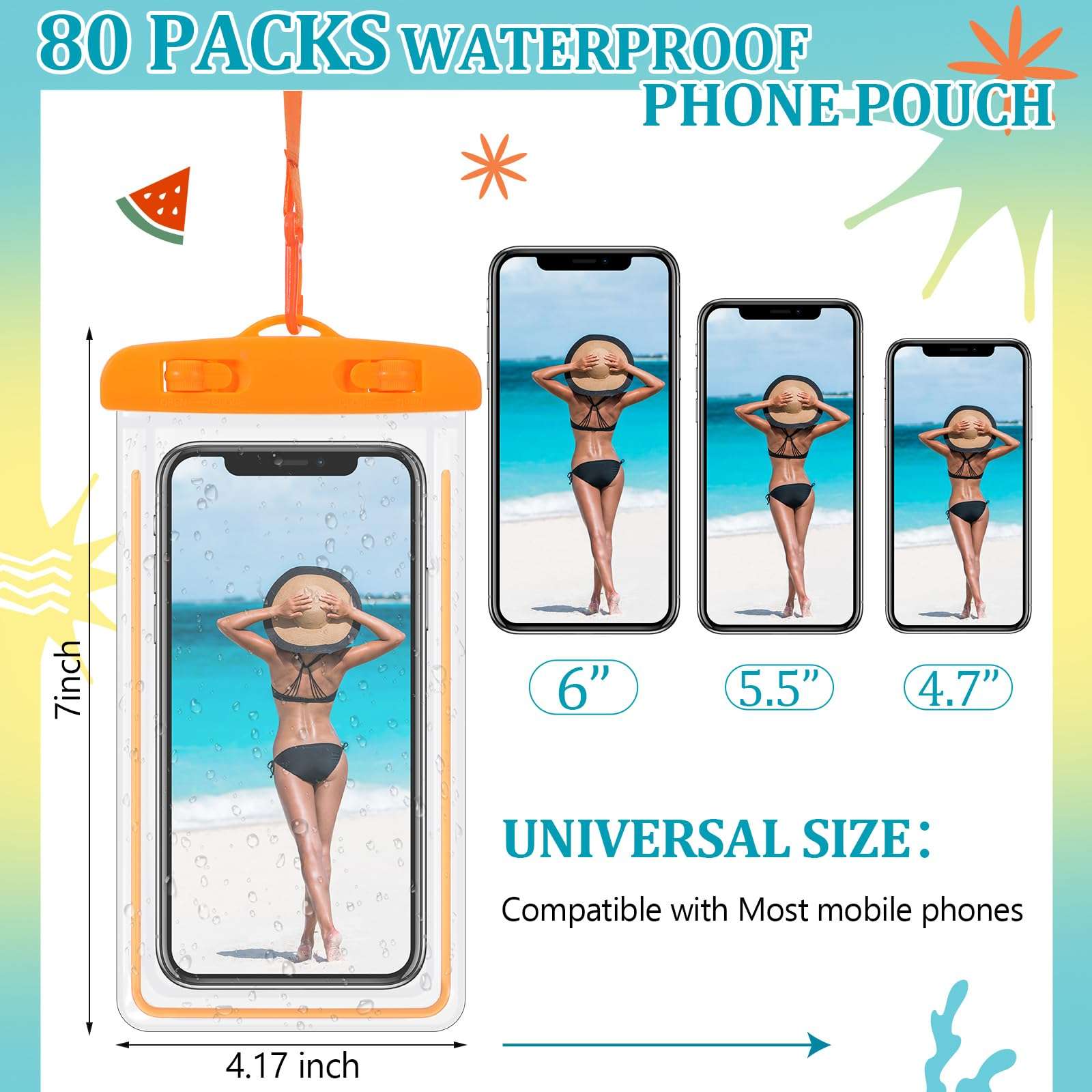 Abbylike 80 Pcs Universal Waterproof Phone Pouch, Multicolor | Dry Bag with Lanyard | Glow in The Dark | For Outdoor Swimming & Snorkeling | Beach Travel Must Haves | For Smartphones up to 7" - Image 2