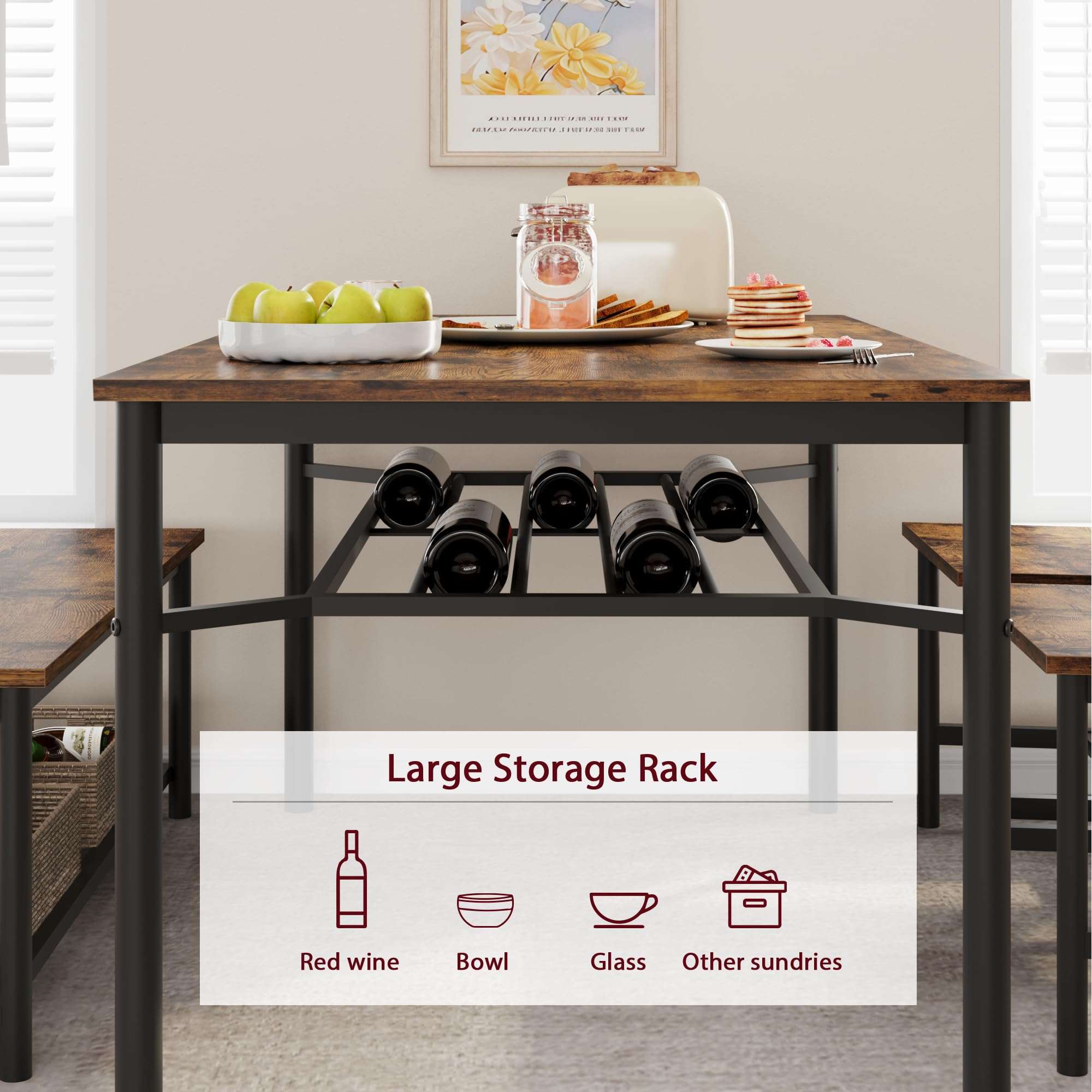 Fancihabor Dining Table Set for 4, Kitchen Table and Chairs for 4 with Wine Rack, Rectangular Dining Room Table Set with Bench, 4 Piece Dining Table Set for Small Space, Apartment, Retro Brown - Image 5