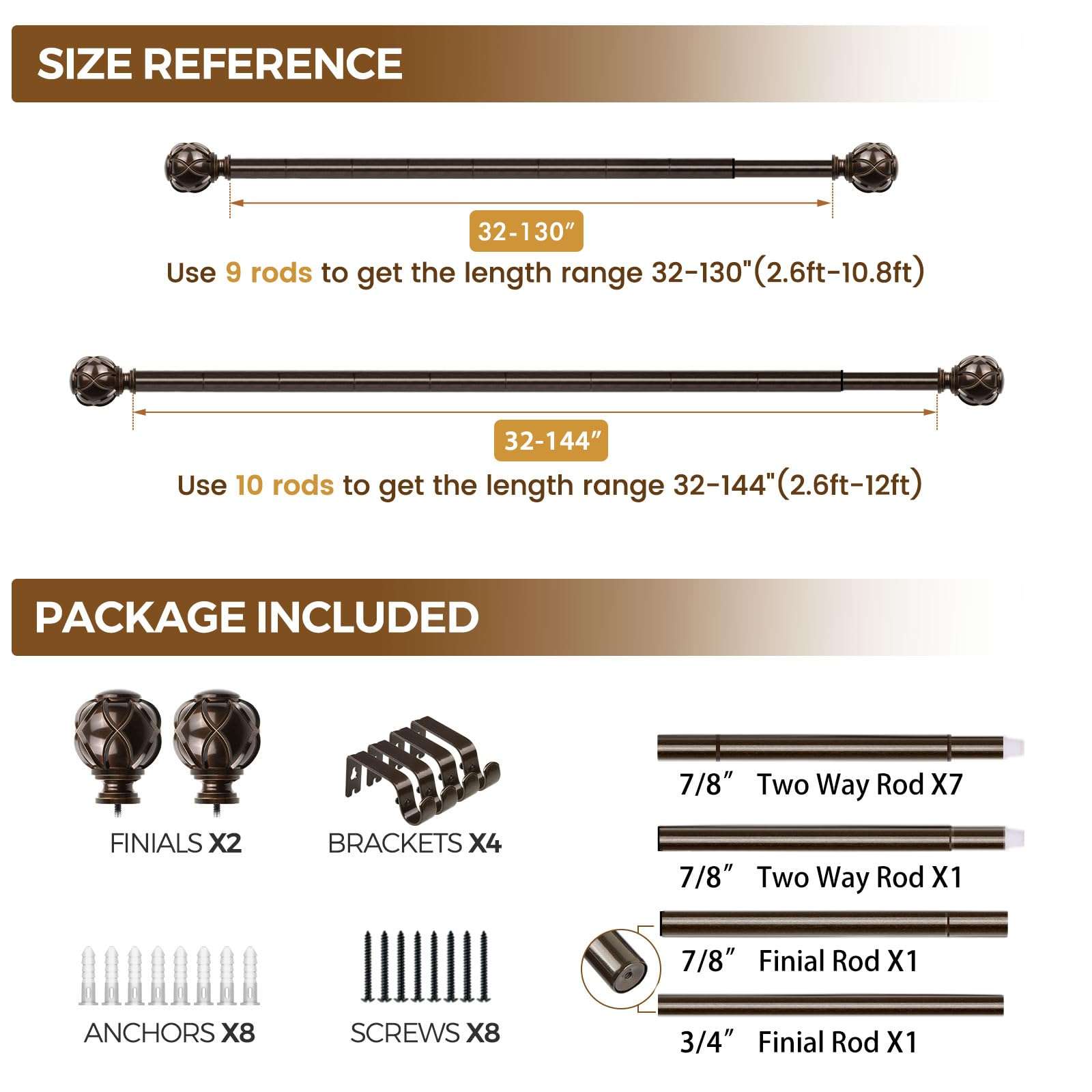 KAMANINA Curtain Rods for Windows 72 to 144 Inches (6-12ft) Long Heavy Duty Curtain Rod, 7/8 Inch Adjustable Decorative Drapery Rods with Netted Texture Finials, Bronze - Image 9