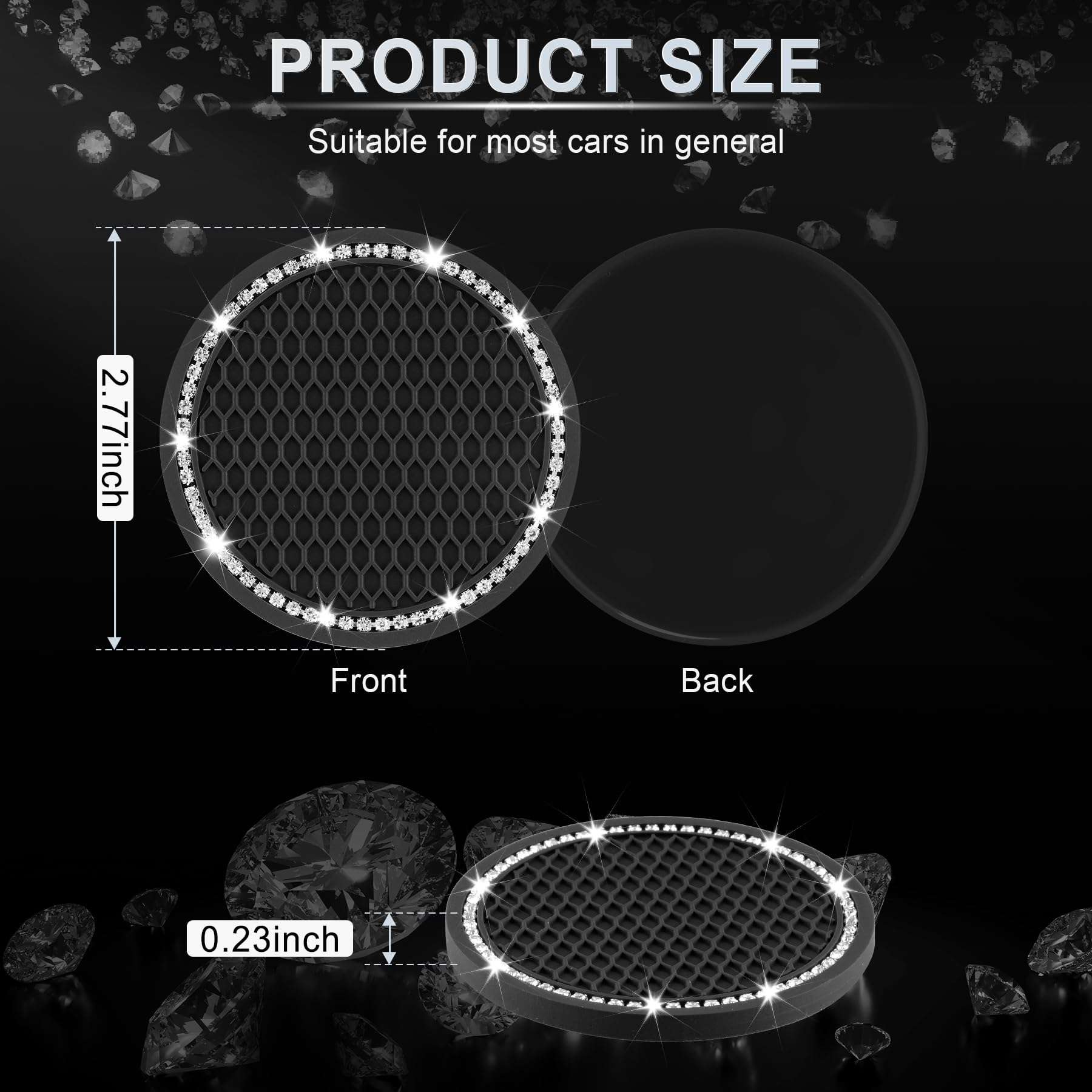 JUSTTOP Car Cup Holder Coaster, Insert 2 Pack Universal Auto Anti Slip, Bling Crystal Rhinestone Car Interior Accessories-Black - Image 2