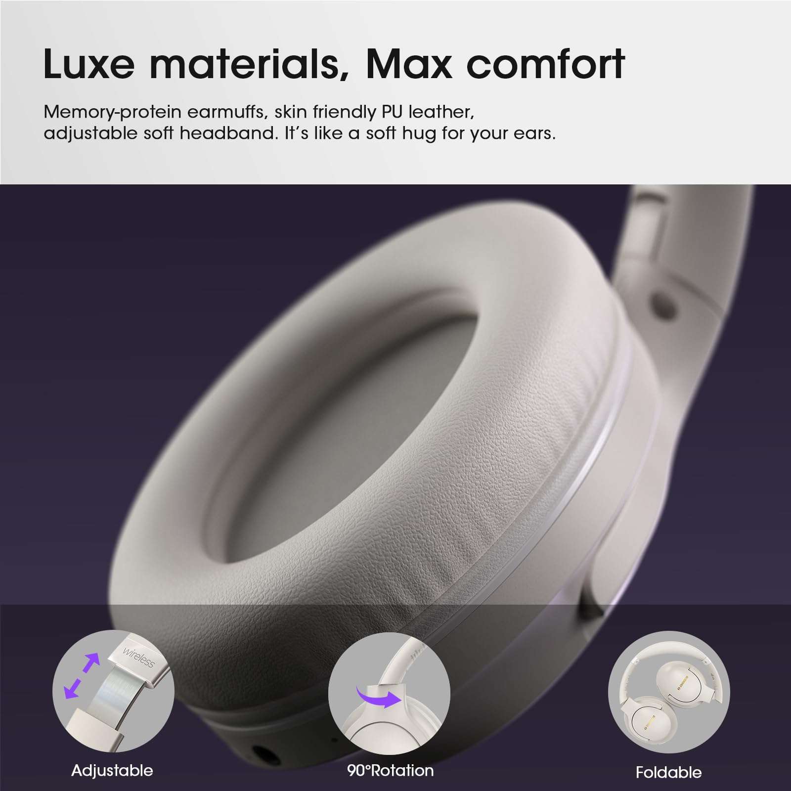 YUMONDEAR Bluetooth Headphones Over Ear, 80H Playtime Wireless Headphone with 3 EQ Modes, Built-in Mic, Deep Bass, HiFi Stereo Foldable Wireless Headset for iPhone PC Travel Workout (Light Gray) - Image 8