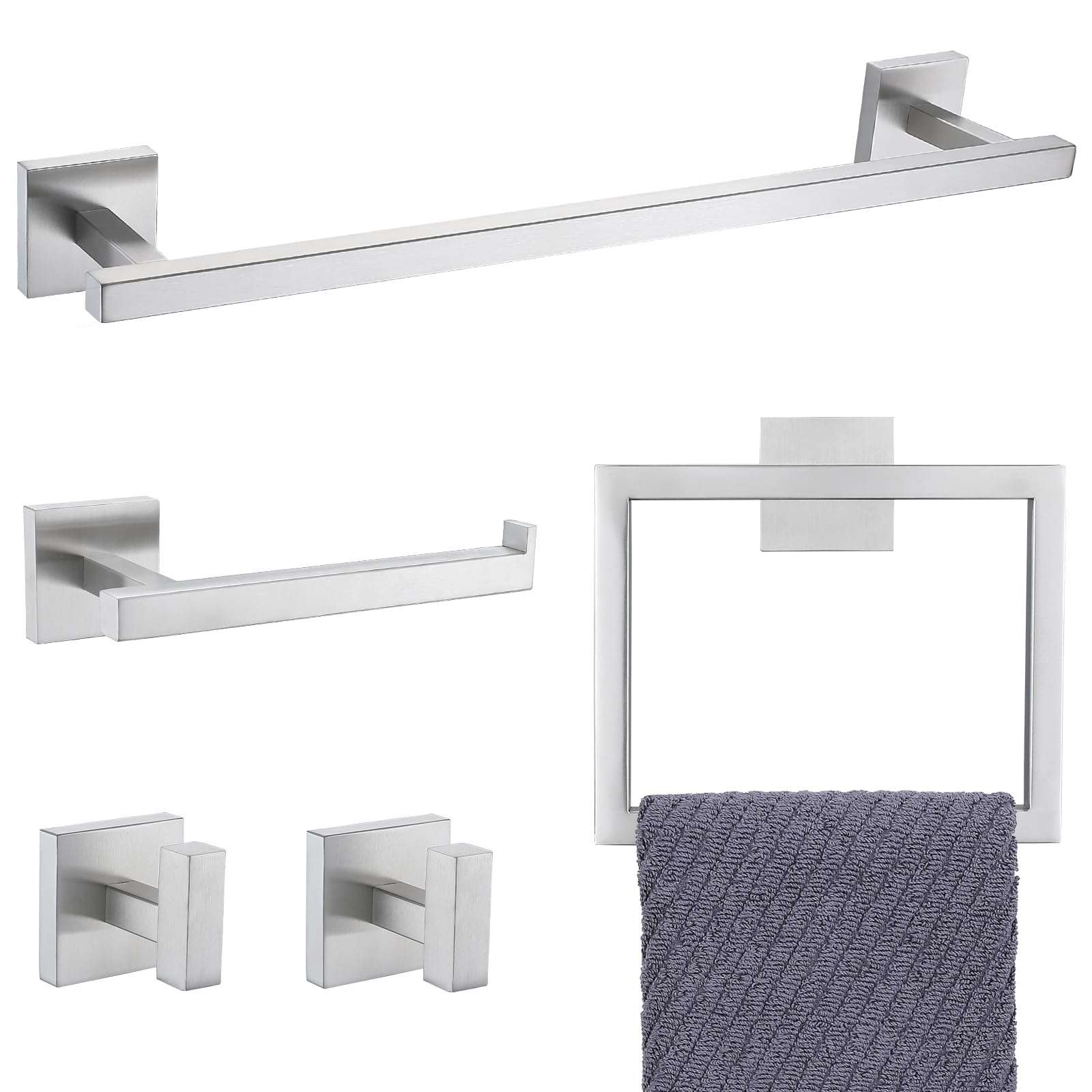 YACVCL Towel Bar Set, 5 Pieces Bathroom Hardware Set Brushed Nickel Bathroom Accessories, SUS304 Stainless Steel Towel Racks Holder Set Wall Mounted 23.6 Inch - Image 1