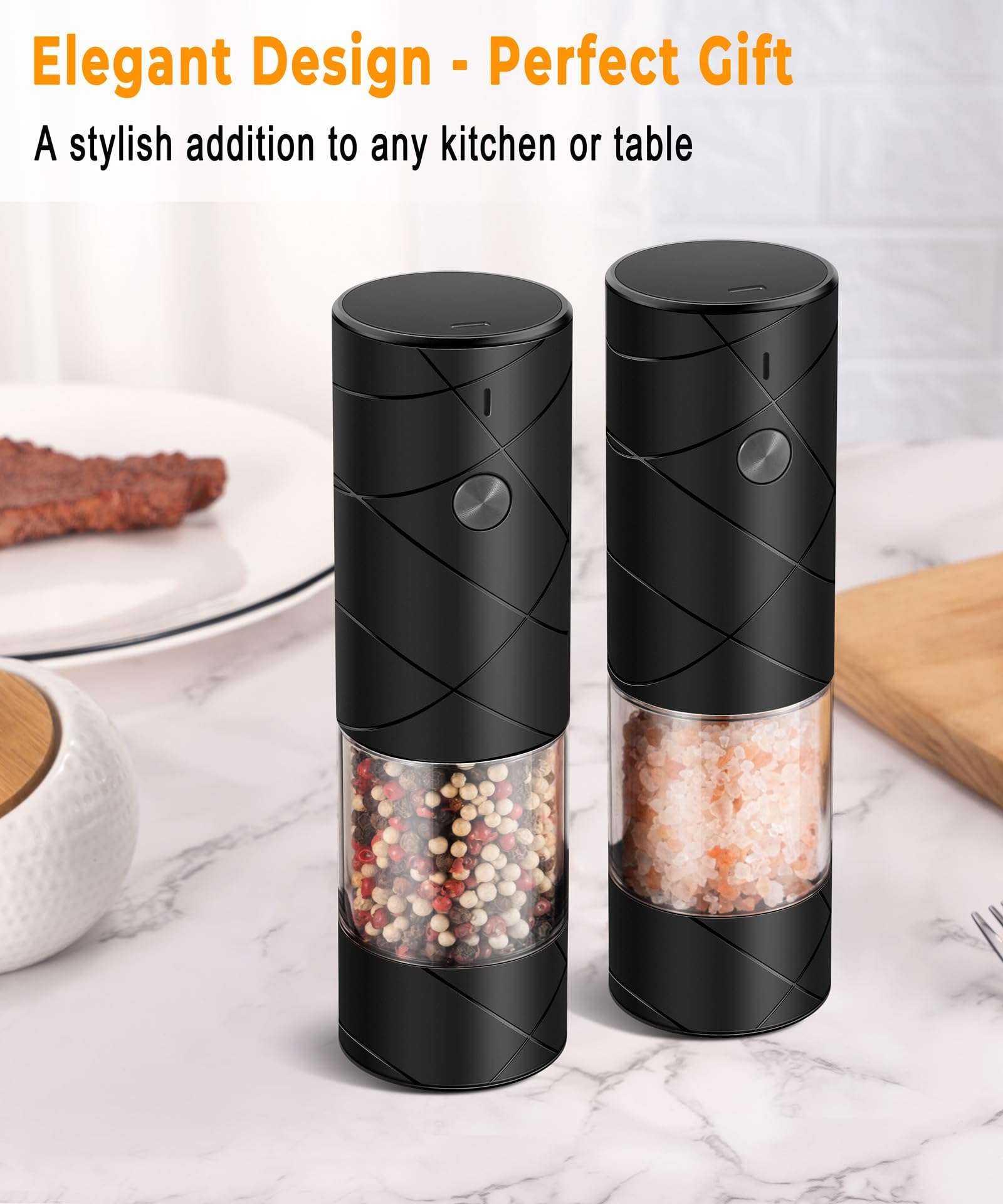 Rechargeable Electric Salt and Pepper Grinder Set - Extra Large Capacity - Automatic Black Peppercorn & Sea Salt Mill Grinders Set with Adjustable Coarseness & LED Light - Image 6