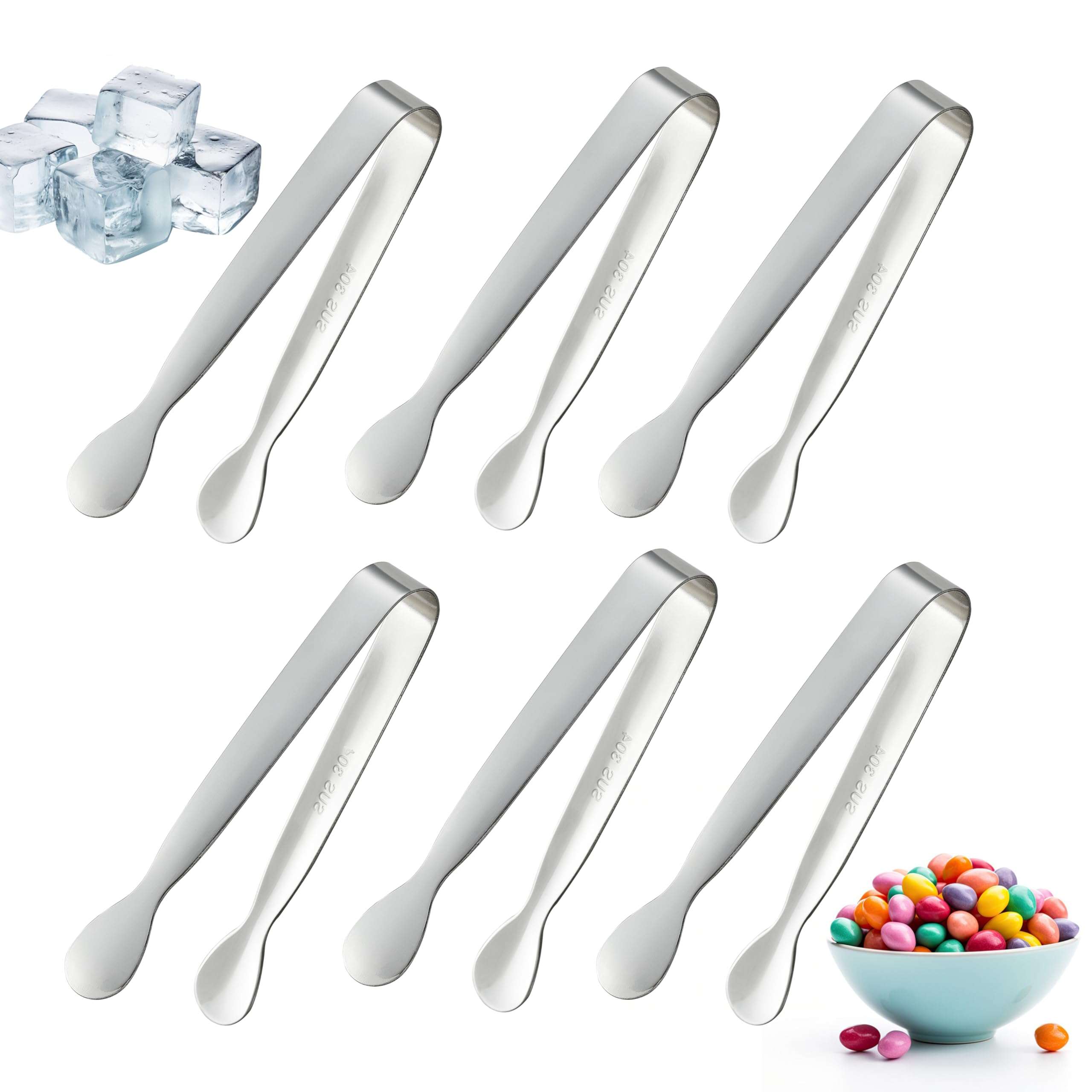 6PCS Mini Small Tiny Tongs, 4.25Inch Kitchen Metal Stainless Steel Small Tongs for Serving Food, Ice, Salad, Toaster, Desserts, Appetizers and Charcuterie Board (6 Pack, Silver) - Image 1
