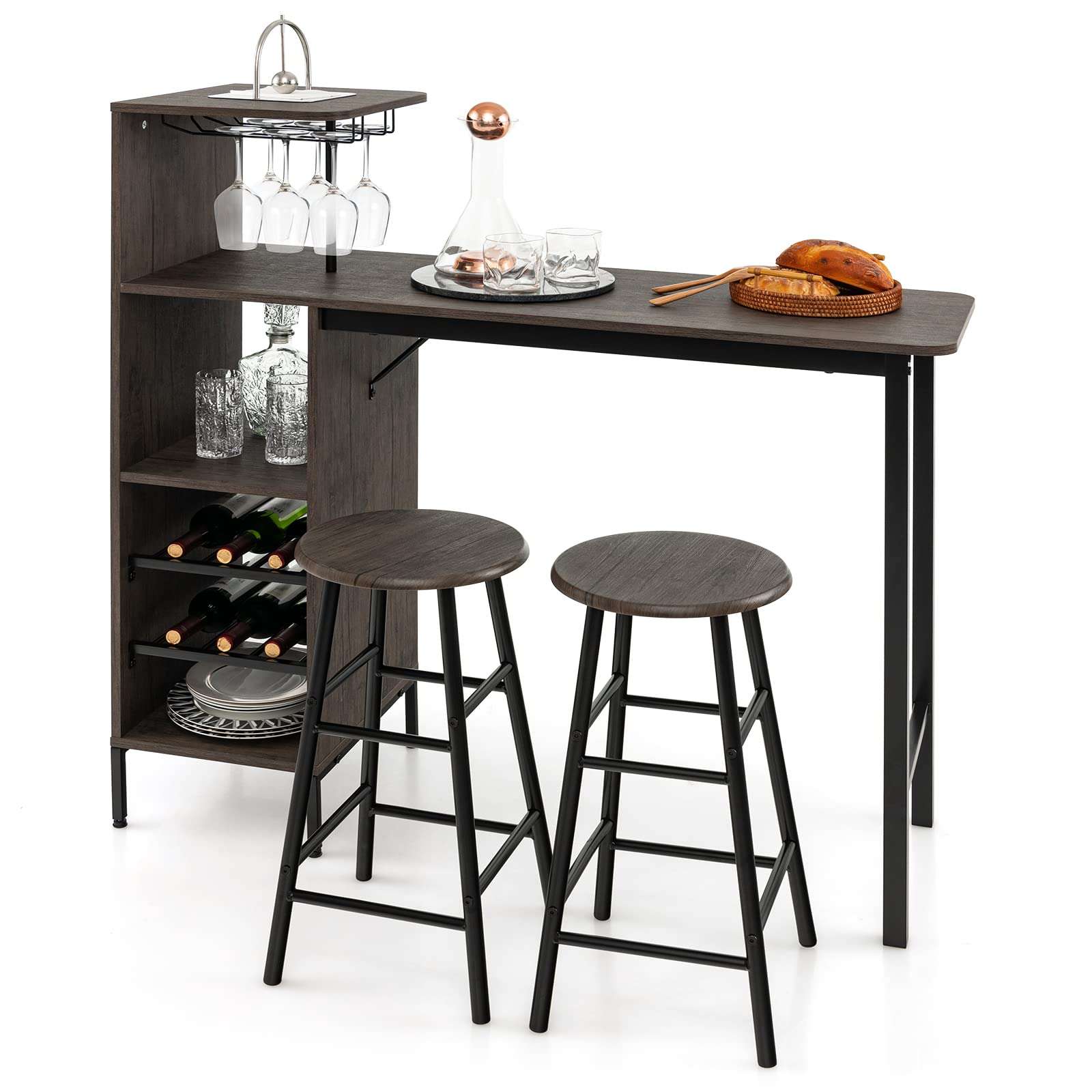 COSTWAY 3 Pieces Bar Table and Chair Set, Industrial Pub Table & Stools with Wine Glass Holders & 6-Bottle Wine Racks, Counter Height Dining Table Set for Living Room Dining Room Kitchen, Brown - Image 1