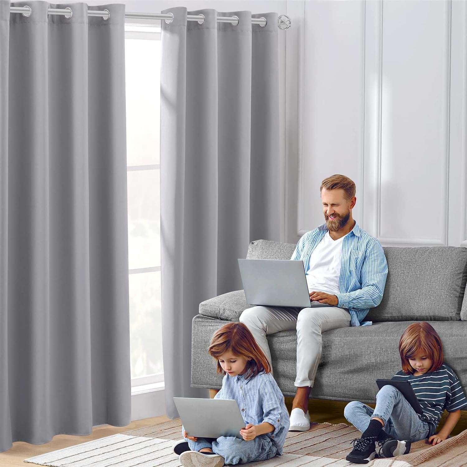 HOMEIDEAS Blackout Curtains for Bedroom 52 X 84 Inch Long 2 Panels Set Light Grey/Gray Room Darkening Curtains/Drapes, Soundproof Thermal Grommet Window Curtains for Living Room - Image 2