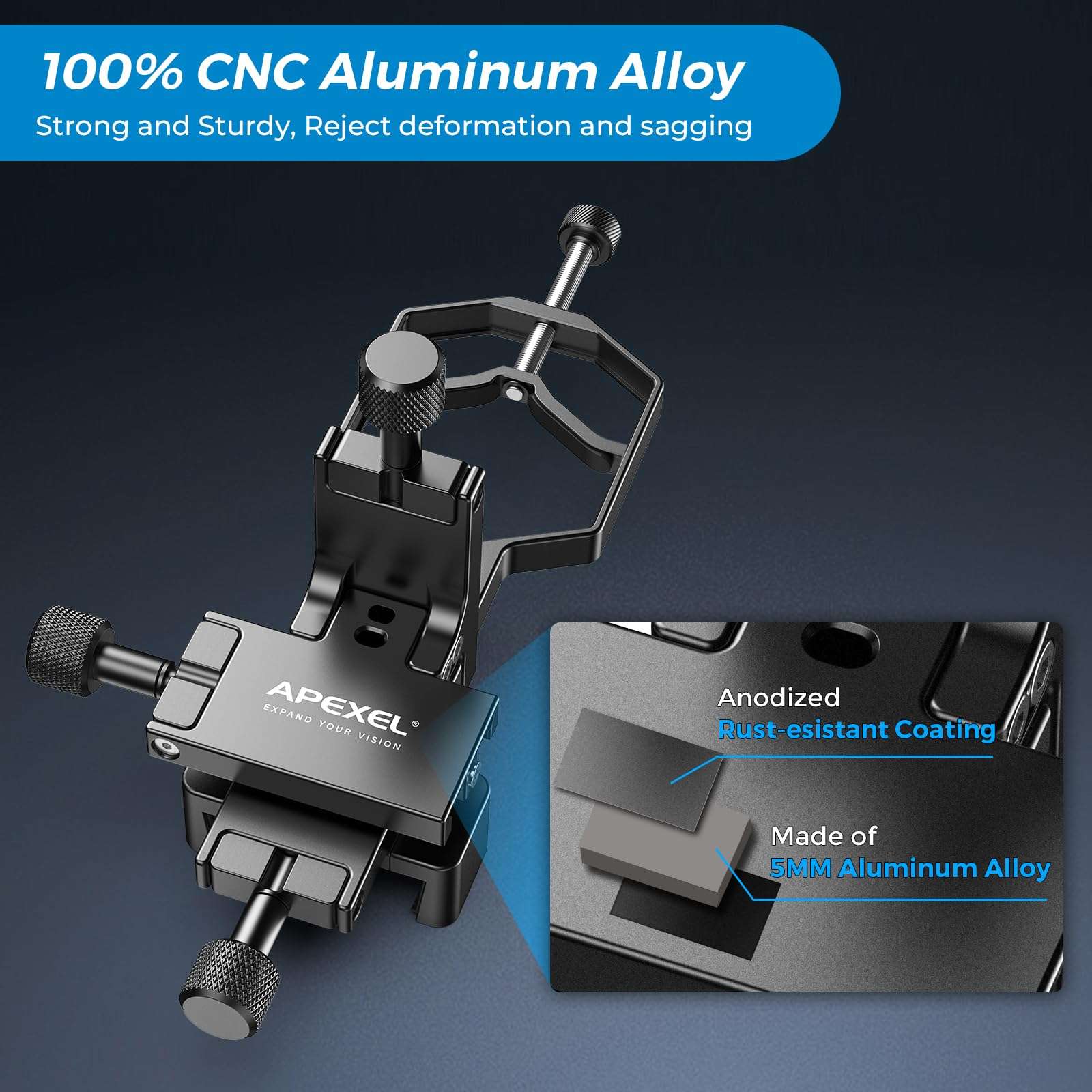 APEXEL CNC Aluminum 3-Axis Telescope Phone Adapter, XYZ-Axis High-Precision Photo Adapter Fits All Smartphone, Phone Mount for Binocular, Monocular, Microscope, Spotting Scope. (with Shutter Remote) - Image 4