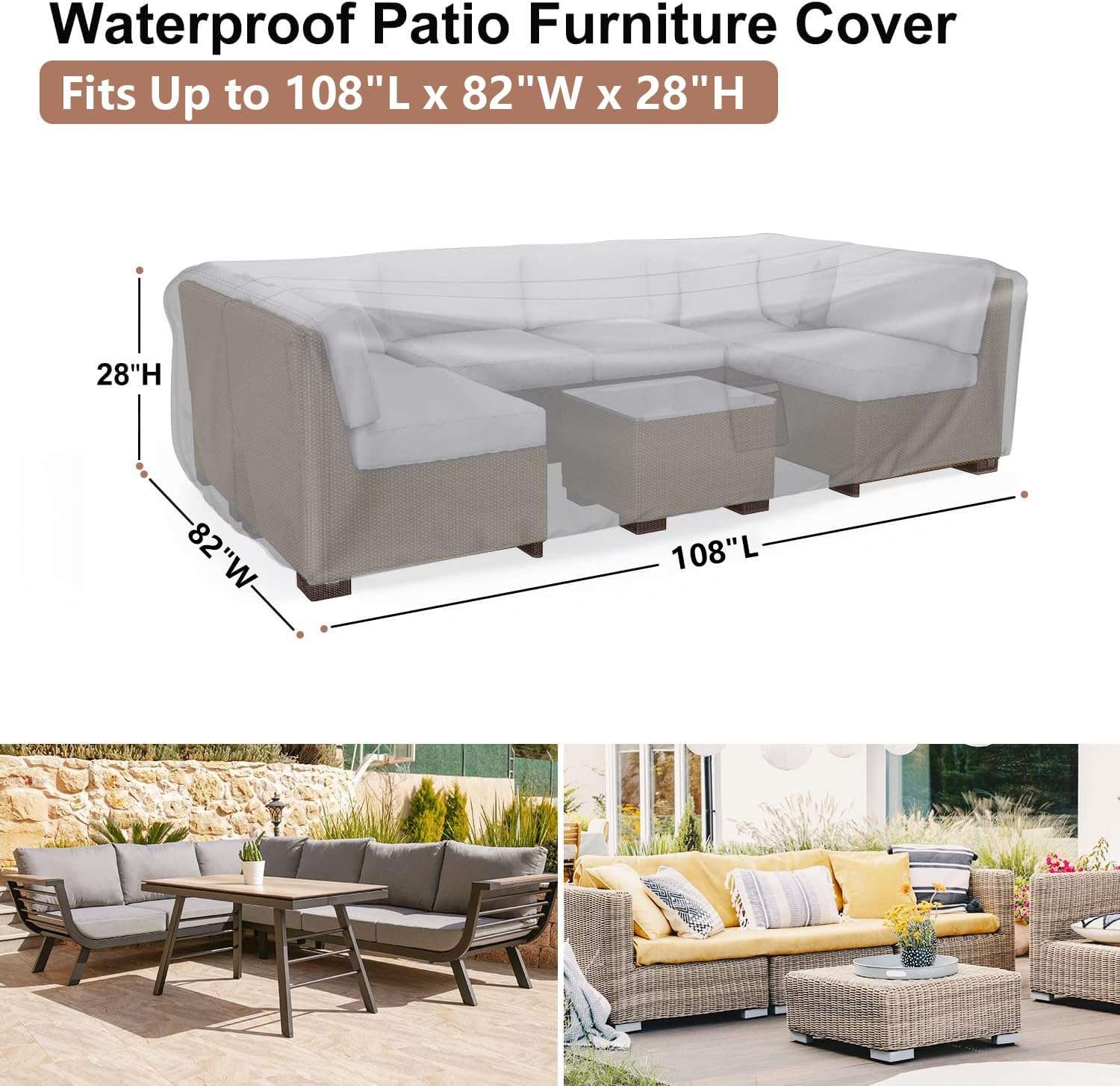 BROSYDA Patio Furniture Covers, Heavy Duty Outdoor Furniture Cover Waterproof, Sectional Sofa Set Covers Table and Chair Set Cover 108" L × 82" W × 28" H - Image 3
