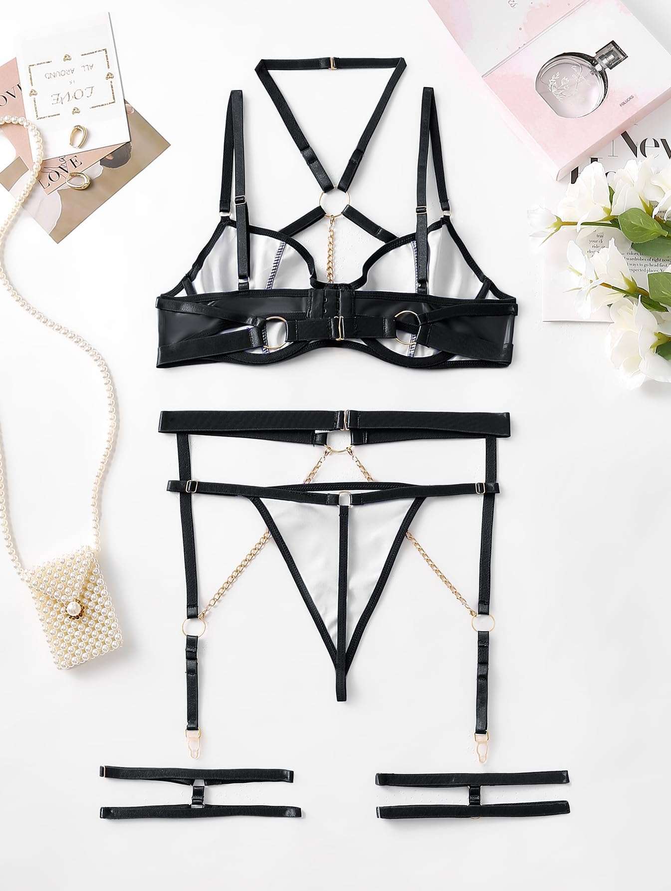 Lilosy Sexy Pu Leather Strappy Underwire Garter Belt Lingerie Set - Image 5