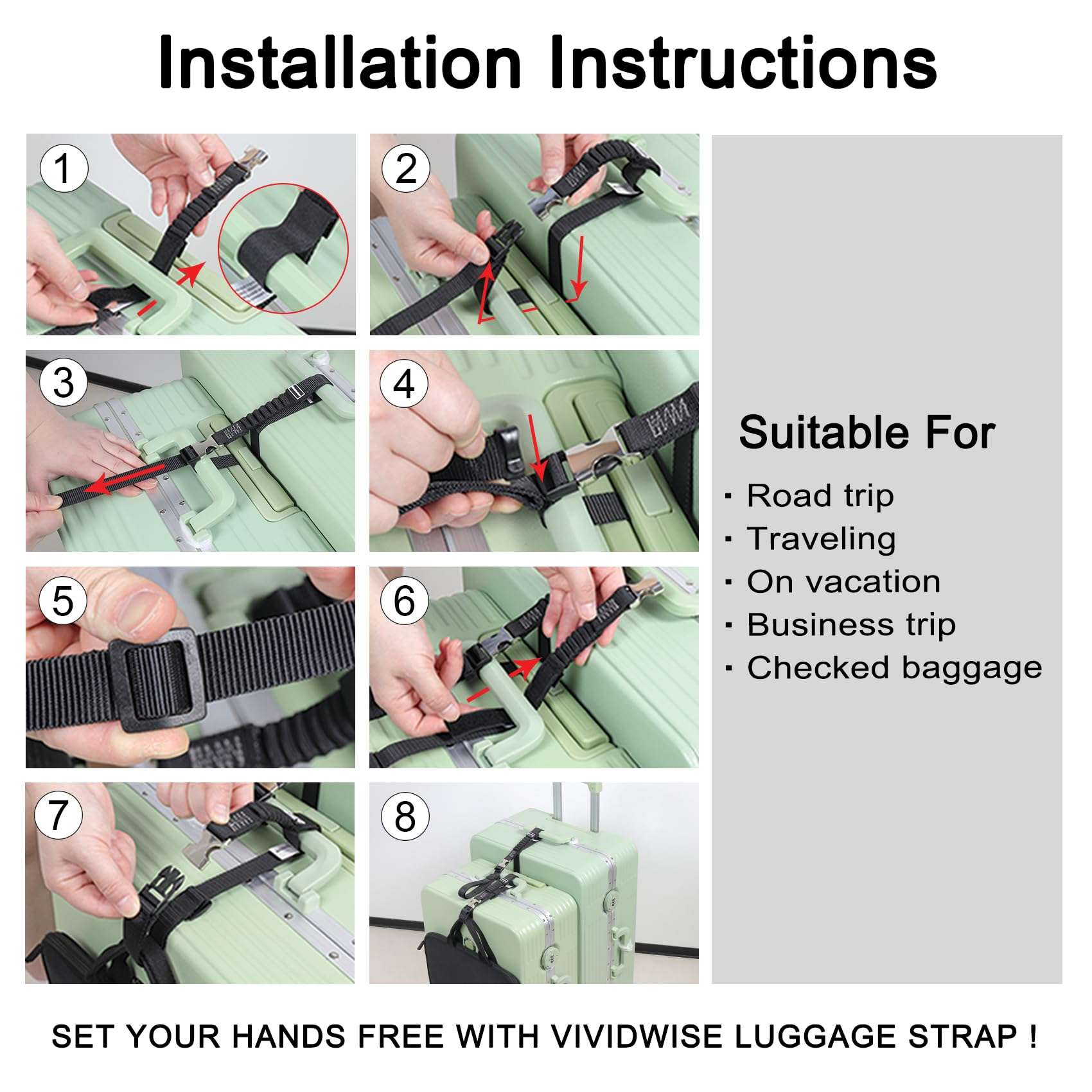 Vividwise Luggage Straps, Stretchable Luggage Connector Straps for Suitcases, Metal Buckle Add A Bag Adjustable Attachment Accessories Belts - Image 6