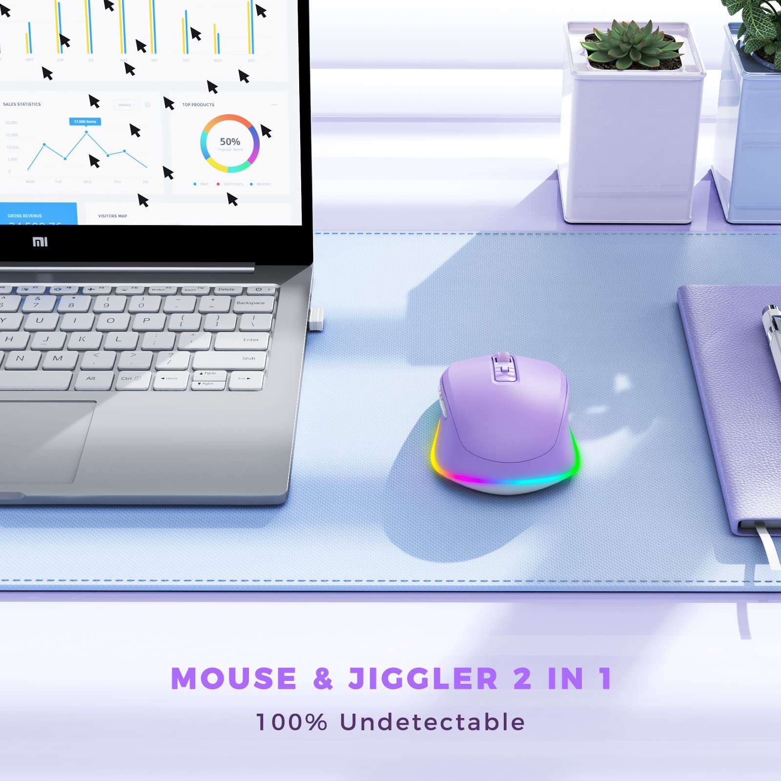 Wireless Mouse Jiggler - LED Wireless Mice with Build-in Mouse Mover, Rechargeable Moving Mouse for Laptop with Undetectable Random Movement Keeps Computers Awake - Purple - Image 3
