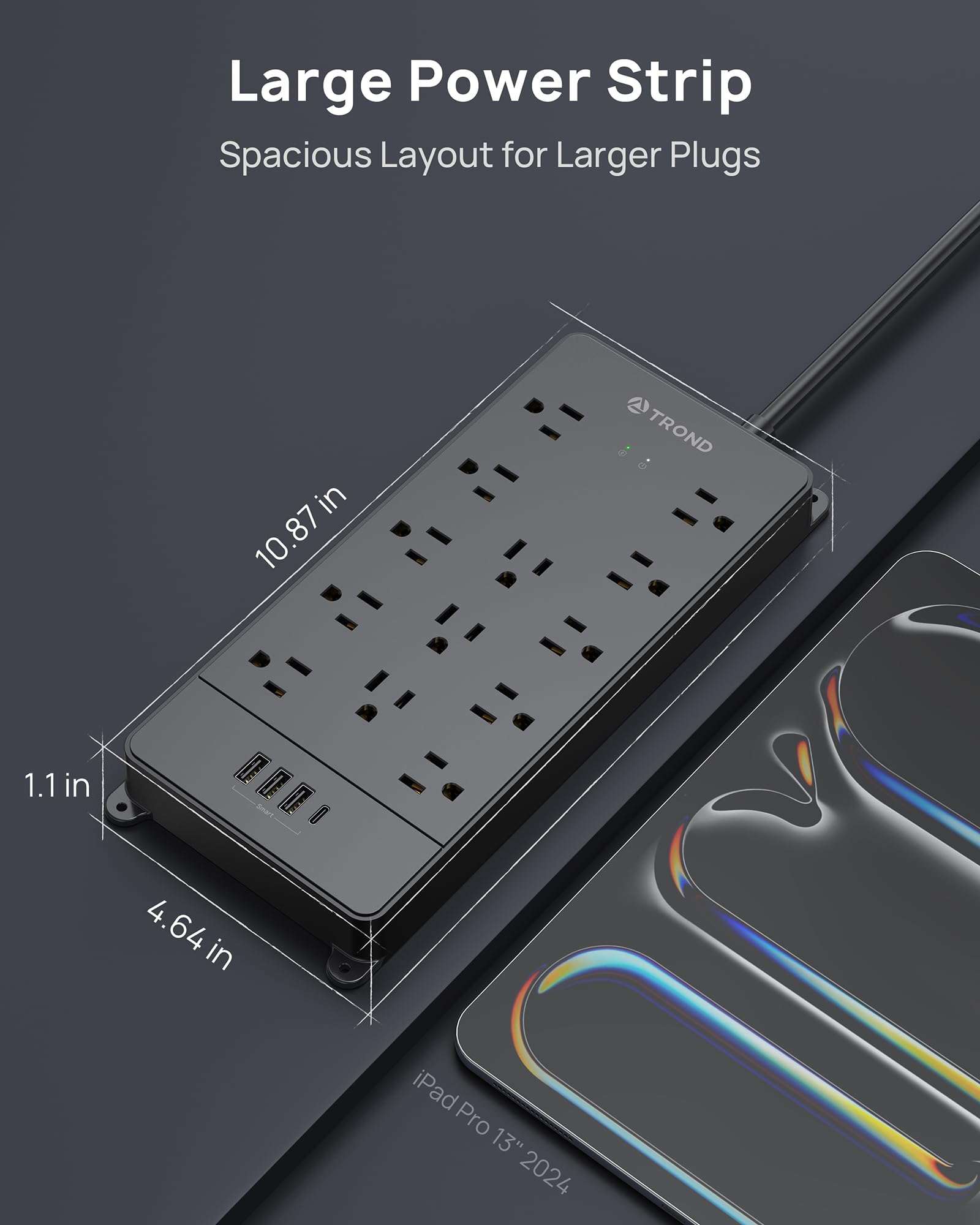 TROND Surge Protector Power Strip, 4000 Joules, ETL Listed, 13 Widely-Spaced Outlets Expansion with USB C Ports, Low-Profile Flat Plug, Wall Mountable, 5ft Extension Cord, 14AWG Heavy Duty, Black - Image 7