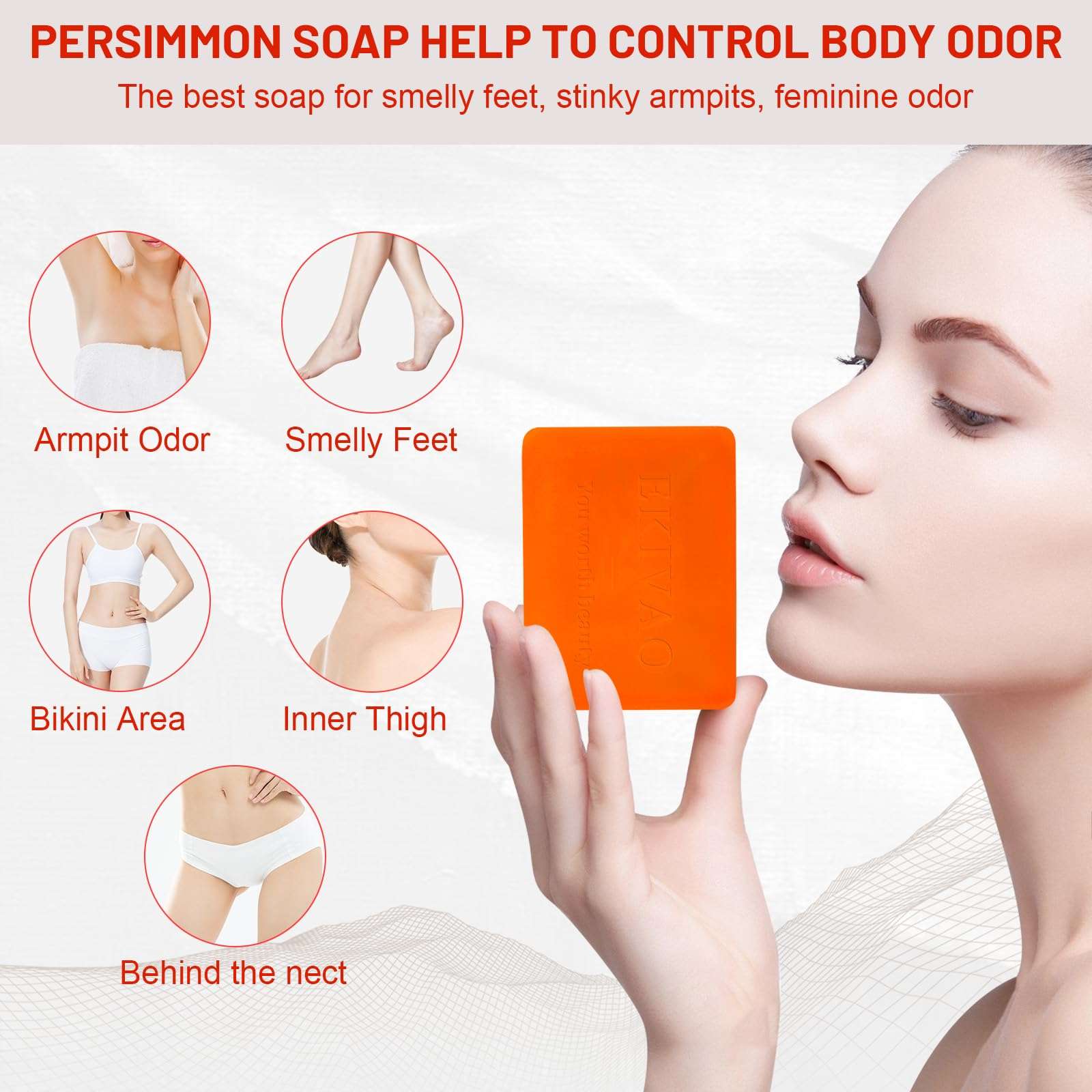 EKIVAO 3Pack Natural Persimmon Soap Bar for Body Odor Control, Organic Deodorant Body Persimmon Bar Soap for Old People Smell, Remove Odor Bath Soap for Women & Men - Image 3
