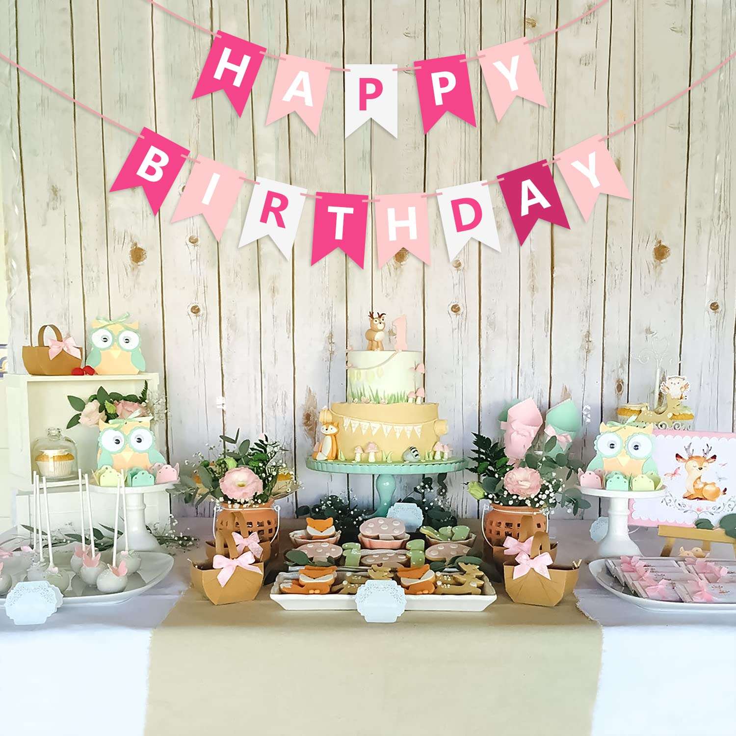 Waenerec Pink Happy Birthday Banner Sign Happy Birthday Bunting Banner Garland for Kids Girls Baby 1st Birthday Tea Party Decorations Bunting Flag Birthday Party Supplies - Image 7