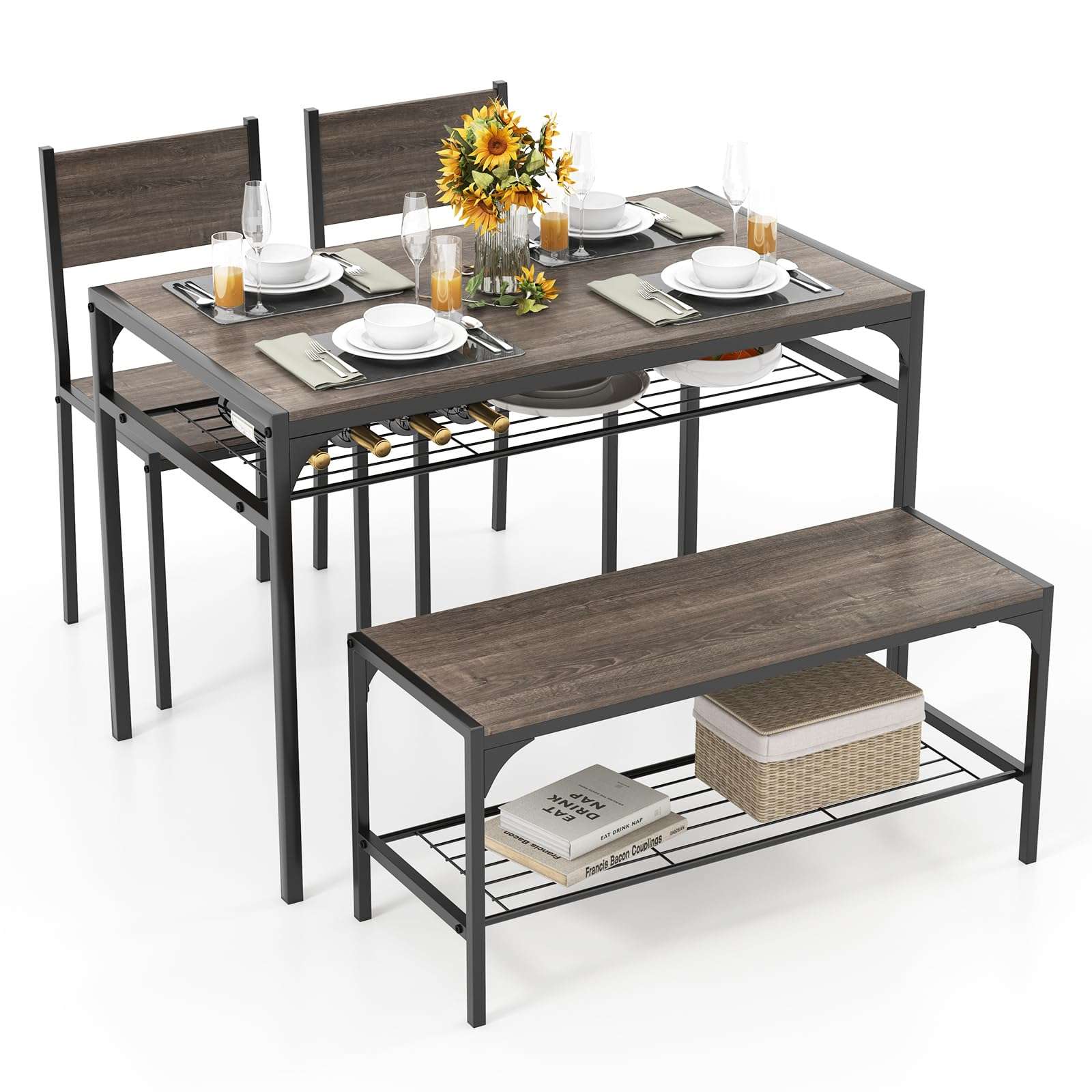 Tangkula Dining Table Set for 4, Kitchen Table and 2 Chairs for 4 with Bench, Additonal Storage Rack, 4 Piece Dining Table Set for Small Space, Apartment - Image 1