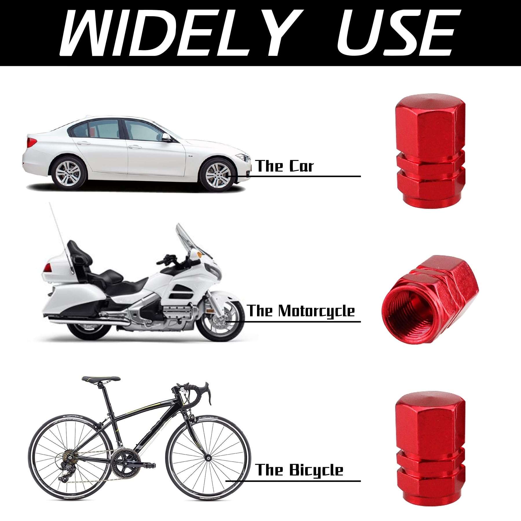 JUSTTOP Car Tire Valve Stem Caps, 12pcs Air Caps Cover, Universal for Cars, SUVs, Bike, Trucks and Motorcycles-Red - Image 3
