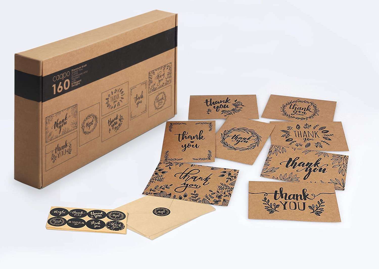 caqpo Thank You Cards With Envelopes - 160 Sets Premium Kraft Thank You Cards Bulk - TY Notes with 8 Graceful Designs - Floral Card for Celebration, Wedding, Baby & Bridal Shower 4x6 - Image 4
