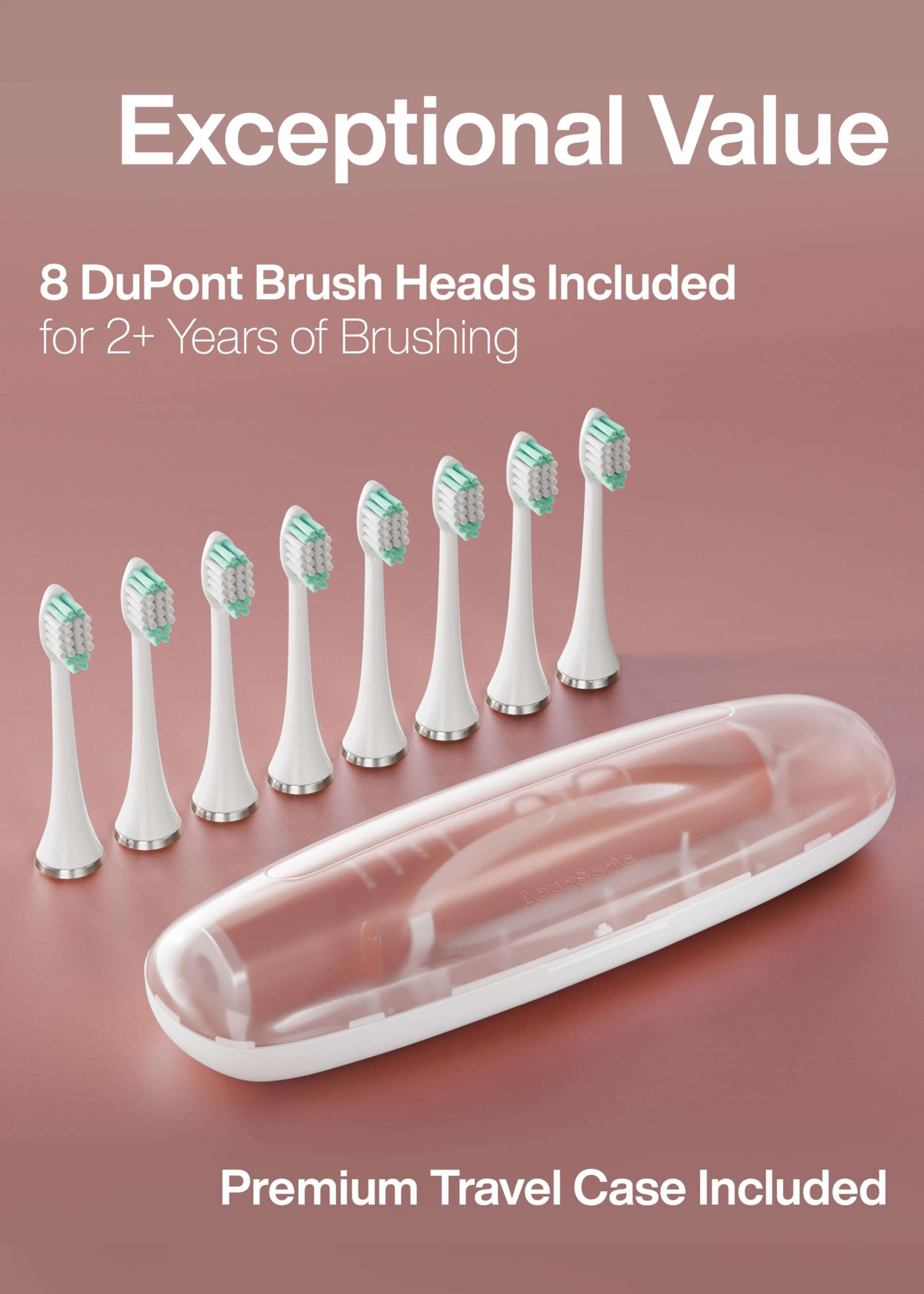 Aquasonic Vibe Series Ultra-Whitening Toothbrush – ADA Accepted Electric Toothbrush - 8 Brush Heads & Travel Case – 40,000 VPM Motor & Wireless Charging - 4 Modes w Smart Timer – Satin Rose Gold - Image 5