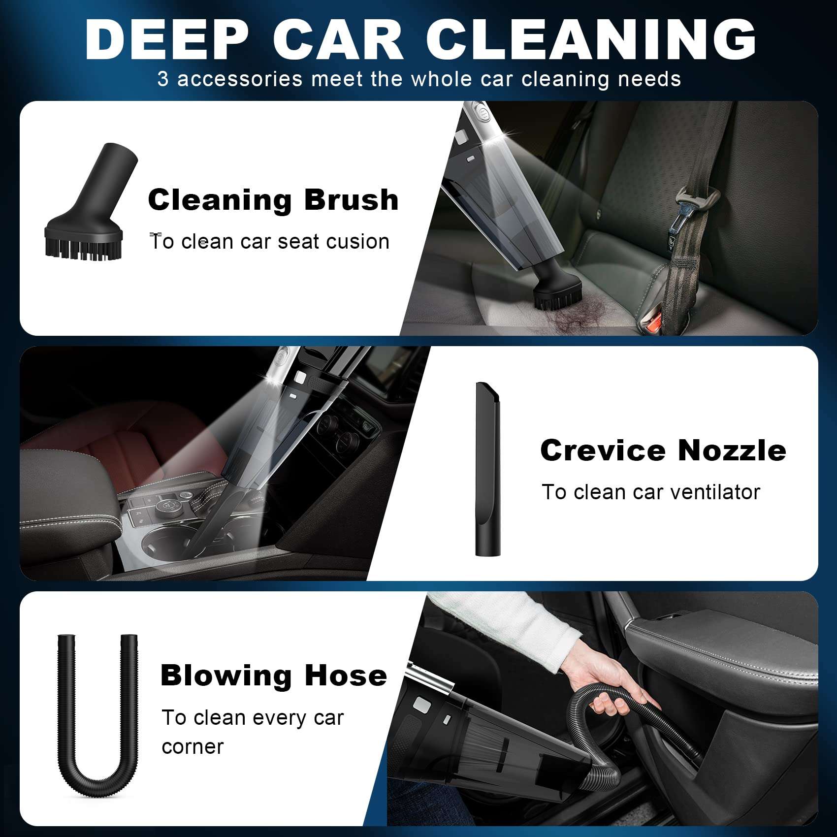 DRECELL Car Vacuum, Portable Vacuum Cleaner with Powerful 7000PA Suction, DC 12V Power 16.4Ft Cord Wired Vacuum Cleaner, LED Light, Car Accessories for Men/Women - Image 3
