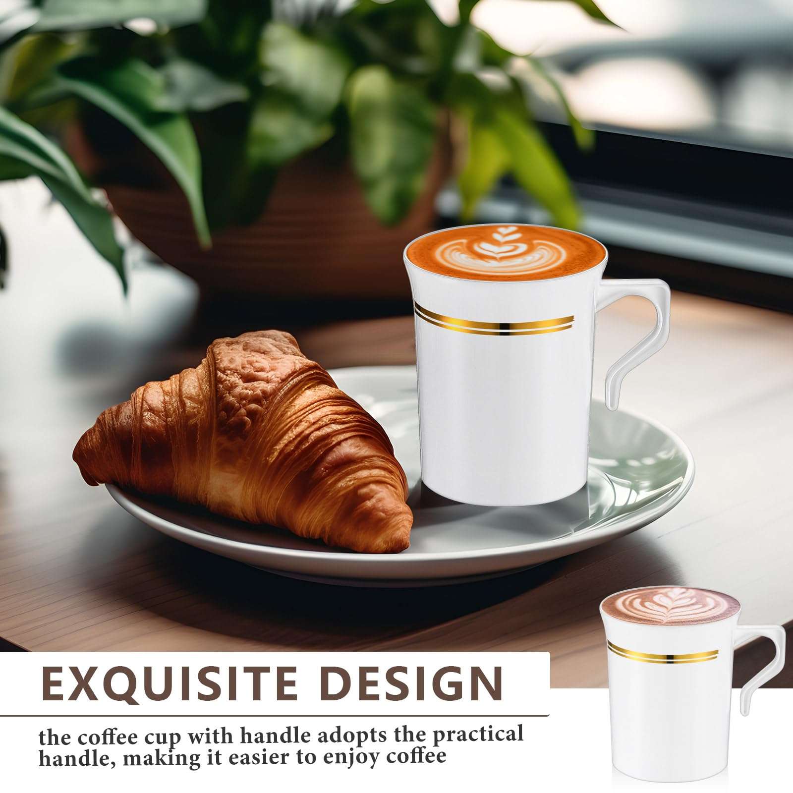 Baderke 48 Pcs Plastic Coffee Cups with Rim 8 oz Disposable Coffee Mugs with Handle Disposable Tea Cups Espresso Beverage Plastic Mugs for Wedding (White,Gold) - Image 4