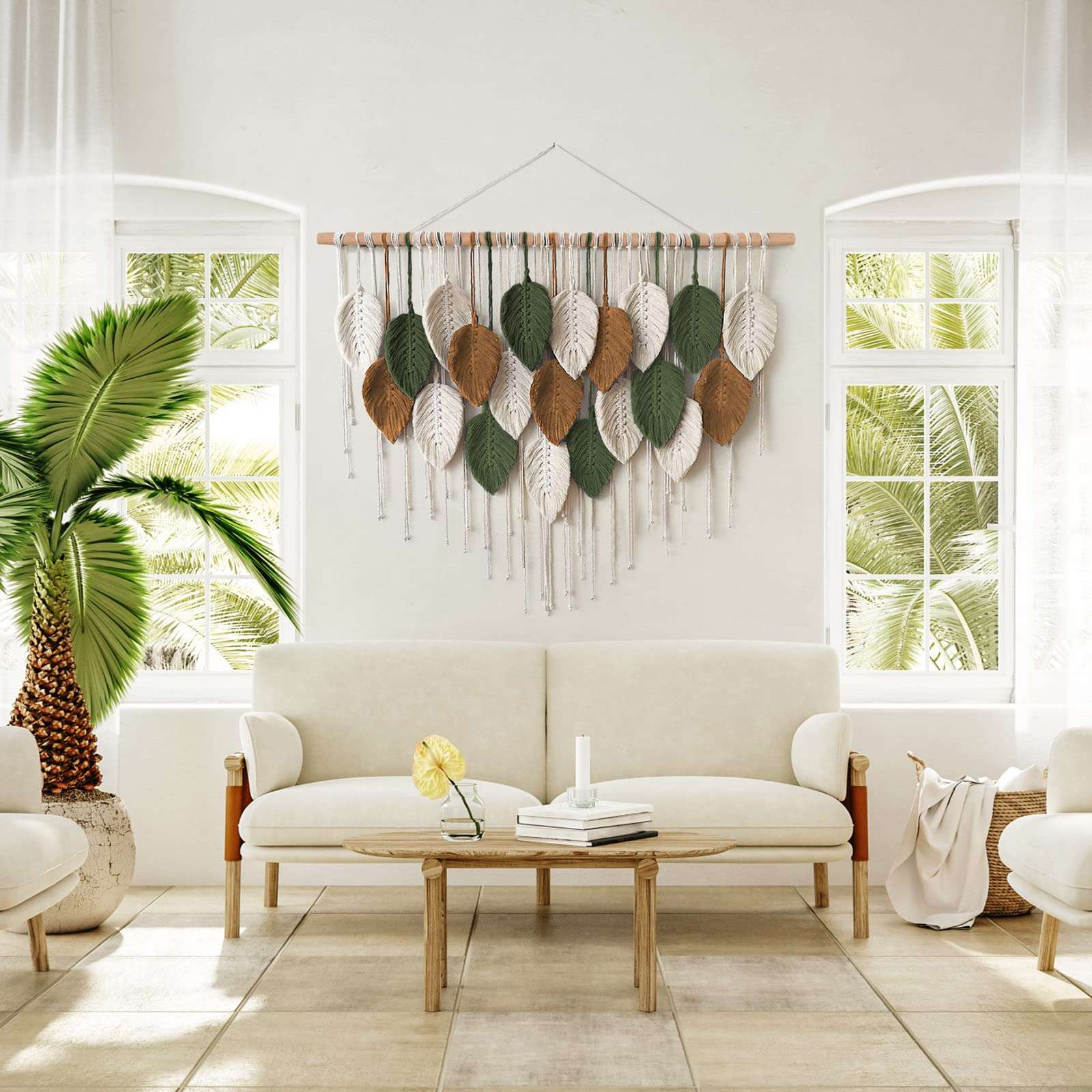 KHOYIME Large Macrame Wall Hanging Boho Woven Tapestry, Chic Home Decor Modern Bohemian Handmade Leaf Feather Wall Art Decorations for Apartment Dorm Living Room Bedroom Nursery Backdrop 39"W X 29.5"L - Image 4