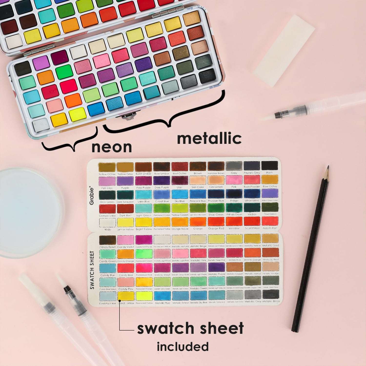 Grabie 100 Colors Watercolor Paint Set - 50 Regular, 35 Metallic, 10 Macaron and 5 Fluorescent Colors - Portable with Carrying Case, Water Brush Pens, and Accessories - For Beginners and Professionals - Image 5