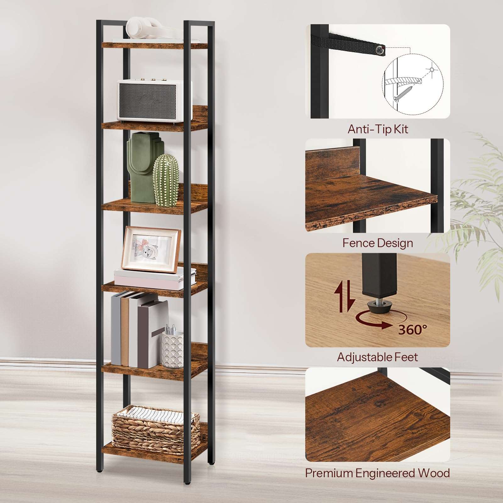MAHANCRIS Bookshelf, 6-Tier Bookcase, Standing Book Shelf for Small Space, Storage Shelf Organizer, for Living Room, Bedroom, Study, Balcony, Rustic Brown and Black BKHR6601 - Image 5