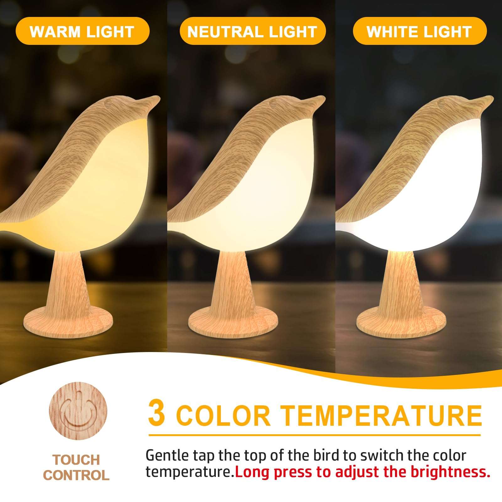Deogos Small Desk Lamp, Cute Bird Light Cordless Lamp with 3 Color Temperature and Touch Sensor,Kids Night Light with Rechargeable Battery for Bedroom Nightstand Bedside Table Room Decor - Image 4