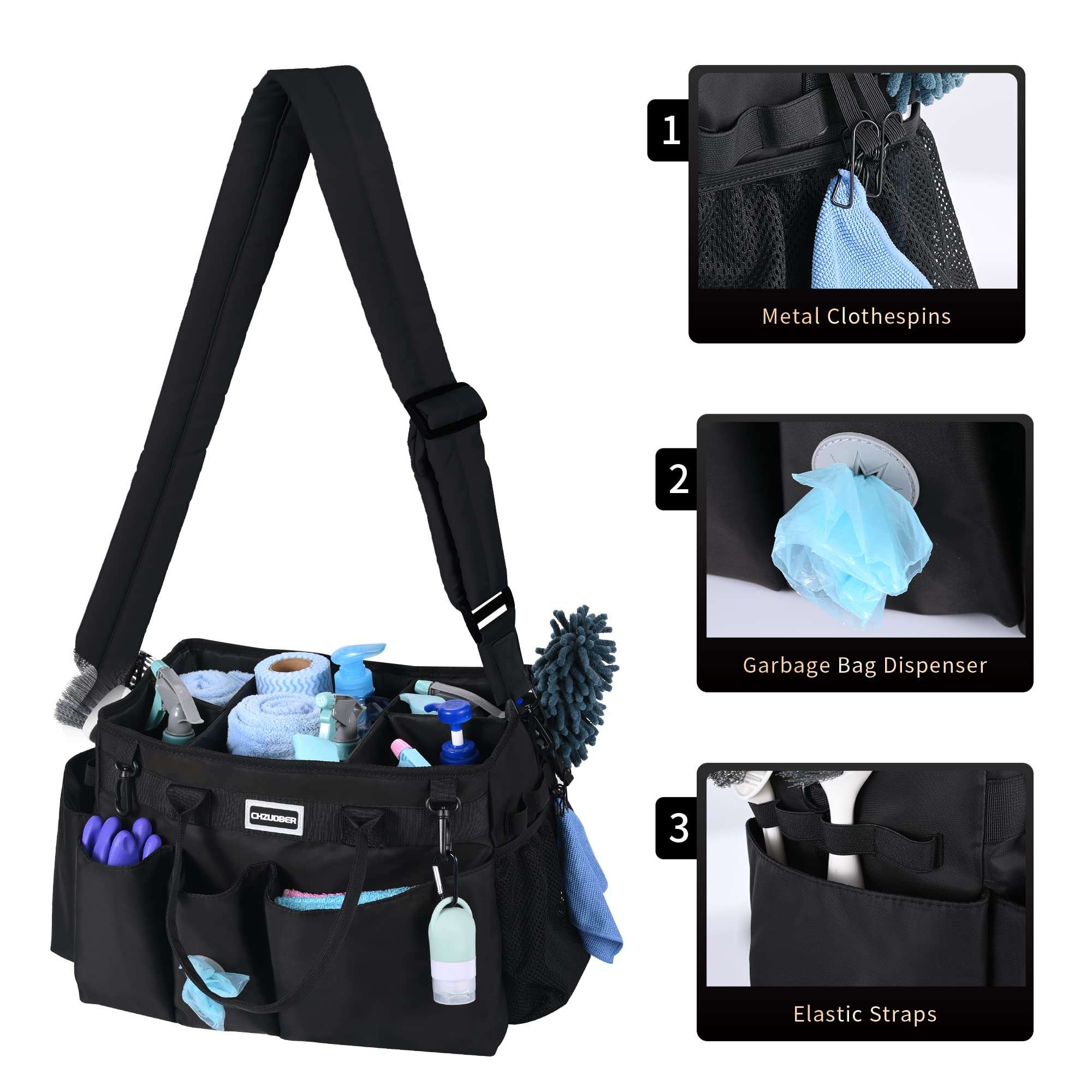 CHZUOBER Large Cleaning Caddy Organizer with Handle, Sponge Shoulder Strap Cleaning Supplies Organizer with Foldable Dividers Zipper Pocket for Cleaners Housekeepers - Image 3
