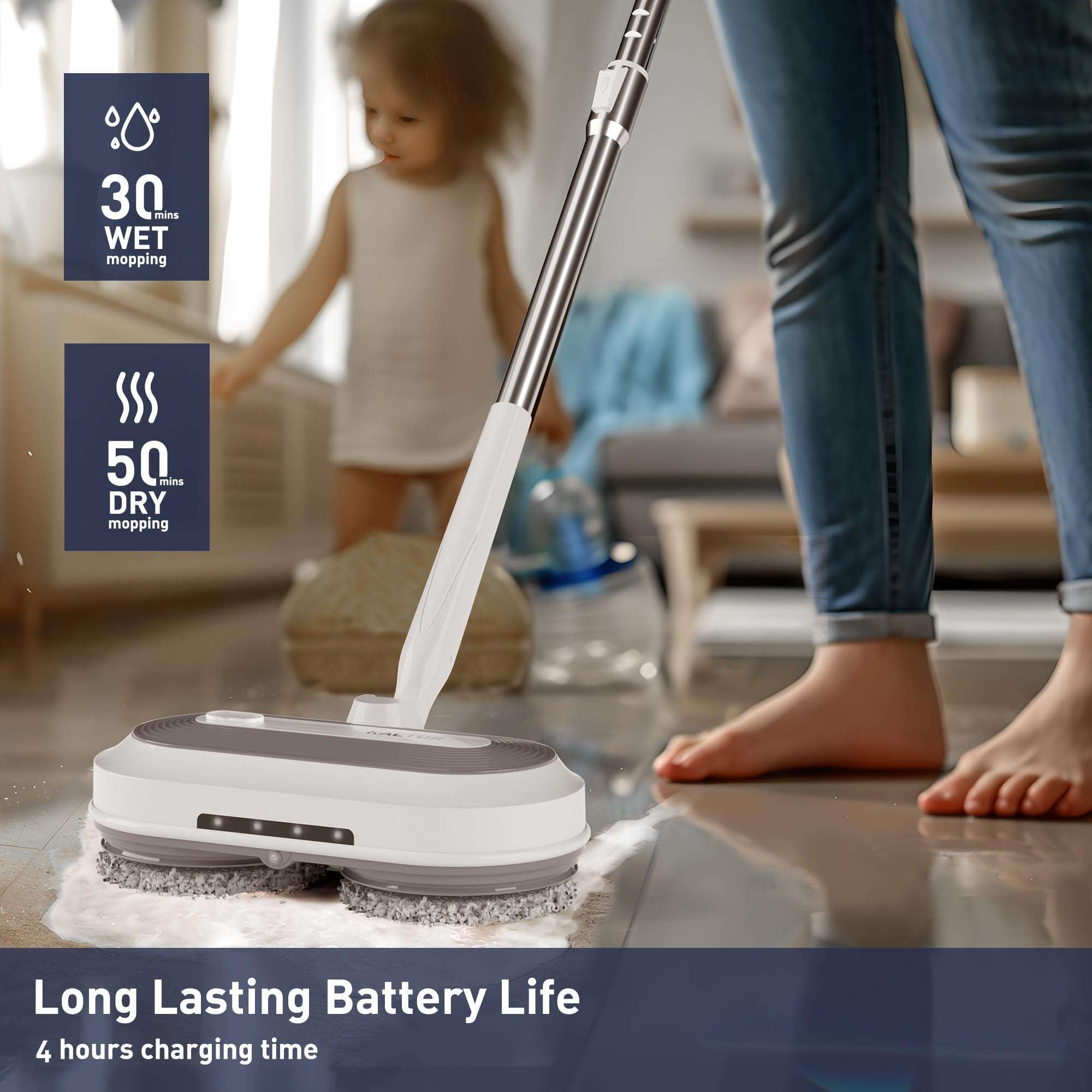 Cordless Electric Mop, Electric Spin Mop with Water Sprayer & LED Headlights, Up to 50mins Working Time, 290ml Water Tank, Self-Propelled Floor Cleaner with Adjustable Tube, Multi-Surfaces Floor Mop - Image 4