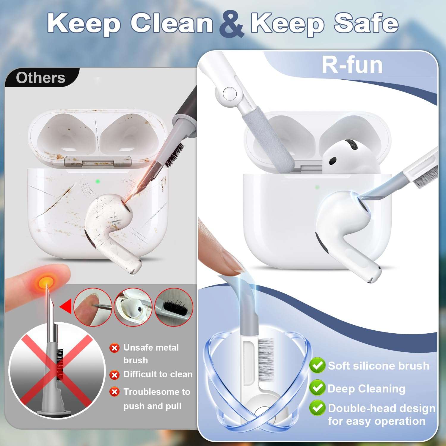R-fun for AirPods 4 Case with Cleaner Kit,Full Protective Soft Skin Silicone Cover with Keychain for AirPods 4 Gen Case for Men Women,Compatible with Apple AirPods 4th Genaration case 2024,Black - Image 5