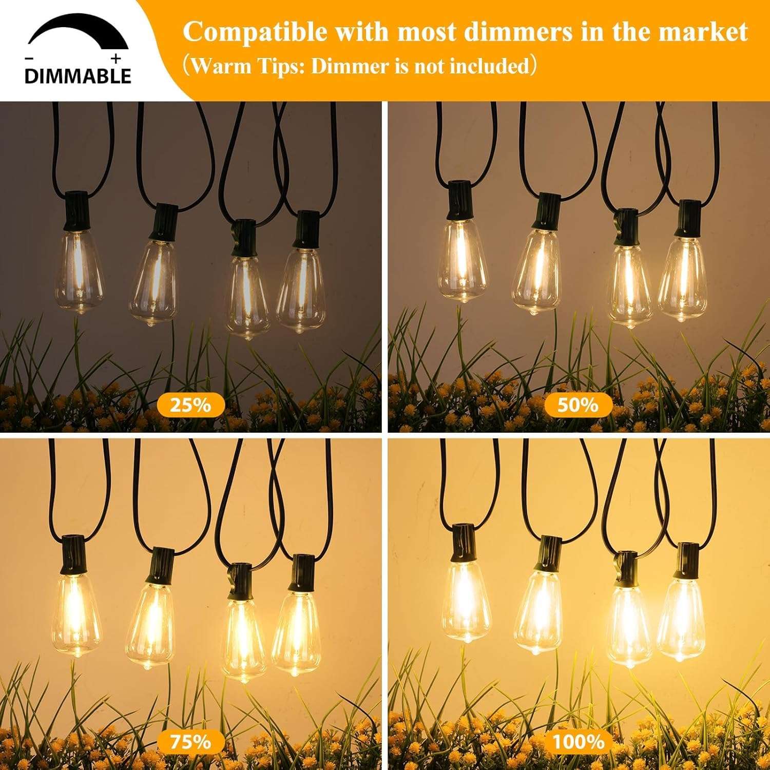 Brightever LED Outdoor String Lights 100FT with 52 Shatterproof ST38 Vintage Edison Bulbs, Outside Hanging Lights Waterproof for Patio, Porch, Deck, Garden, Backyard, Balcony, Green Wire - Image 6