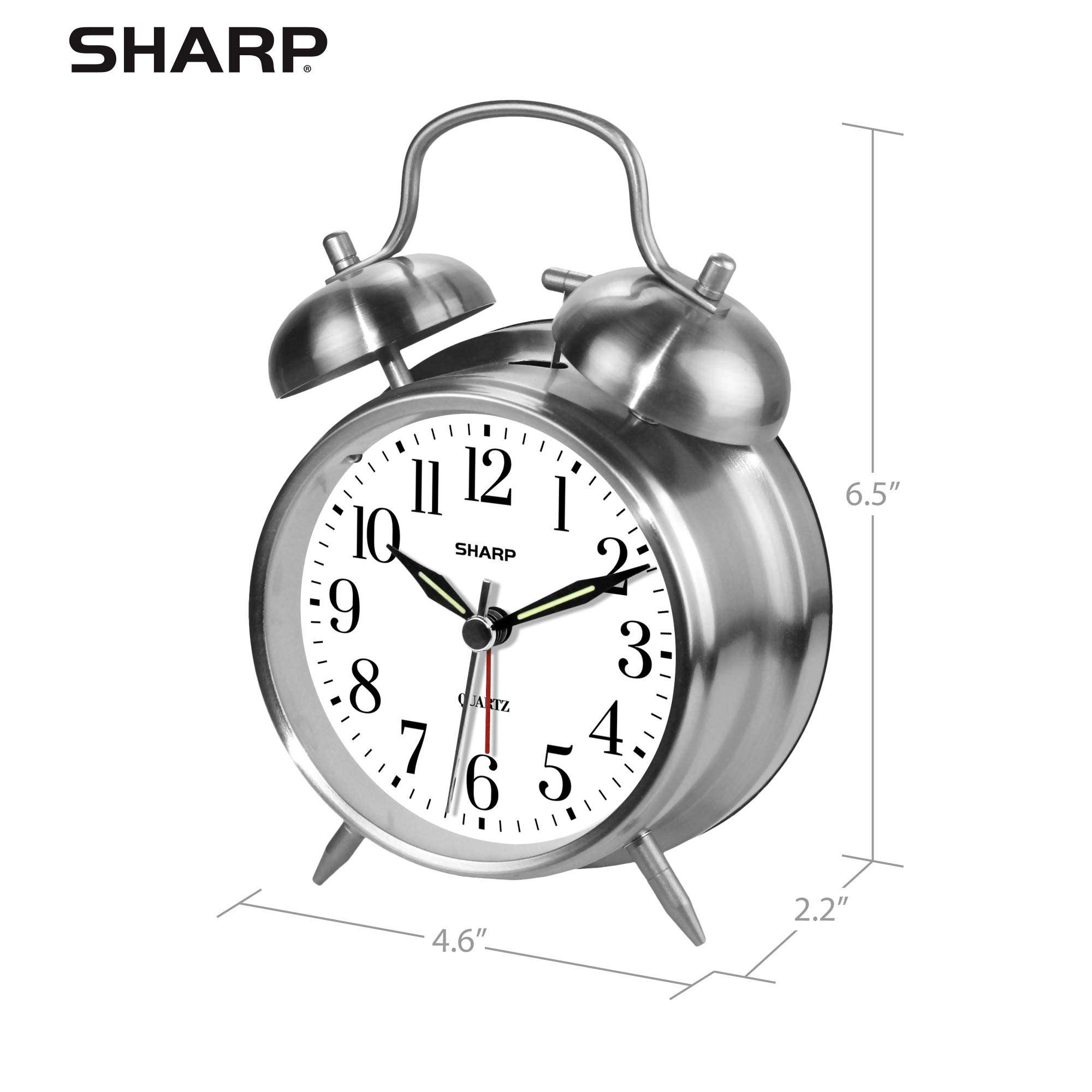 Sharp Twin Bell Alarm Clock - Loud Alarm - Great for Heavy Sleepers - Battery Operated Quartz Analog Clock (Brushed Silver) - Image 3