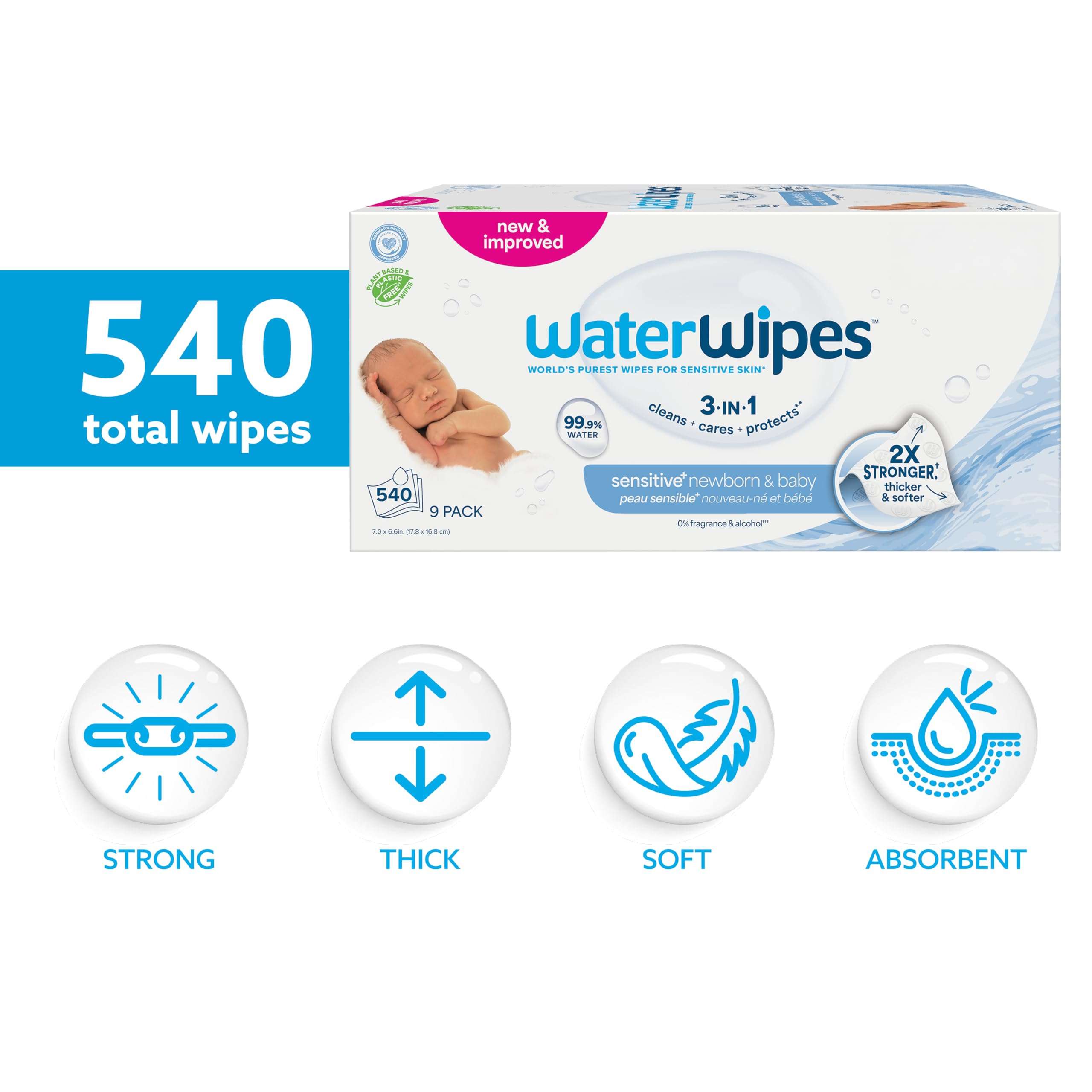 WaterWipes Sensitive+ Newborn & Baby Wipes, 3-In-1 Cleans, Cares, Protects, 99.9% Water, Unscented & Hypoallergenic, 540 Count (9 Packs) - Image 2