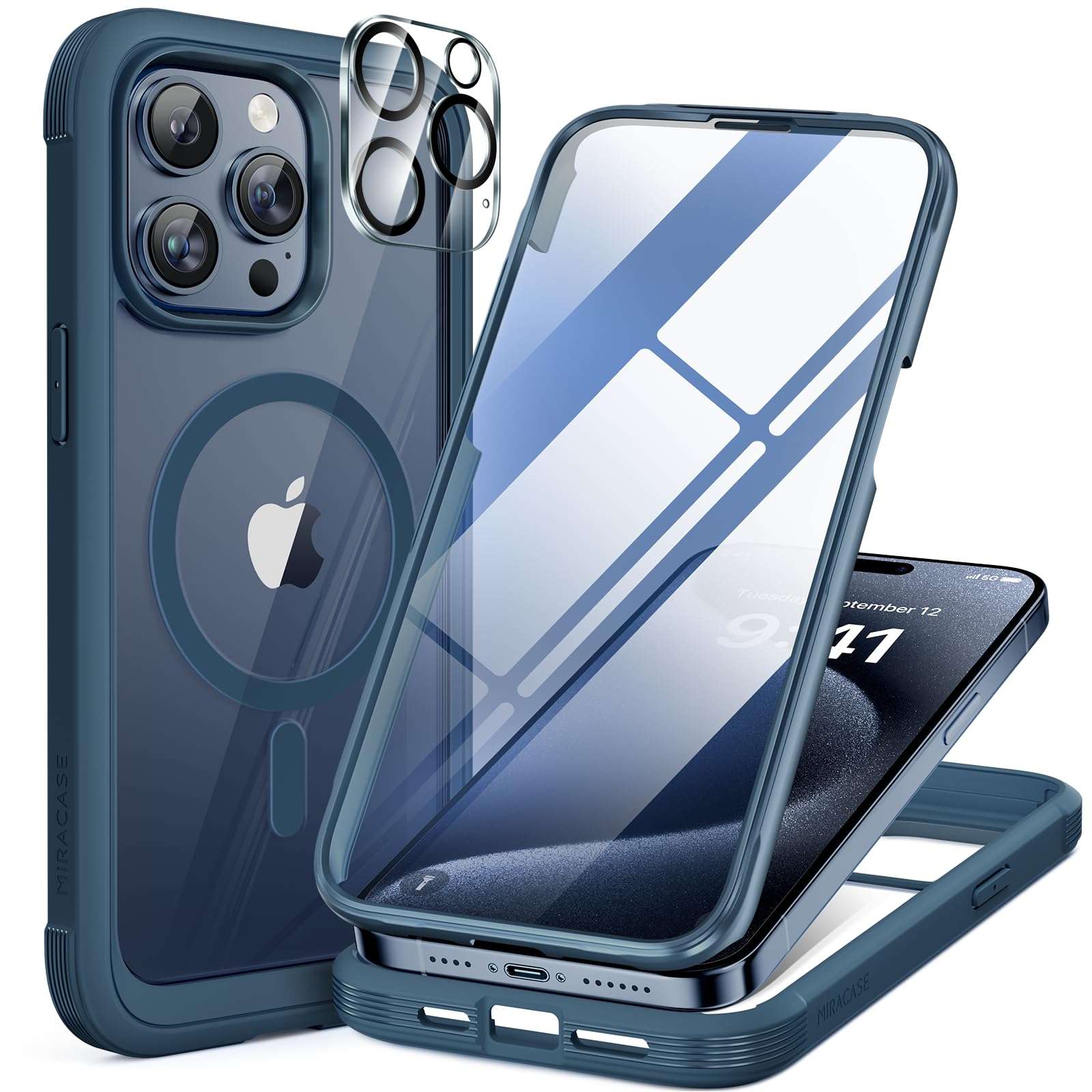 Miracase Magnetic for iPhone 15 Pro Max Case 6.7'' [Compatible with Magsafe] Full-Body Drop Proof Bumper Phone Case for iPhone 15 Pro Max with Built-in 9H Tempered Glass Screen Protector,Blue - Image 1