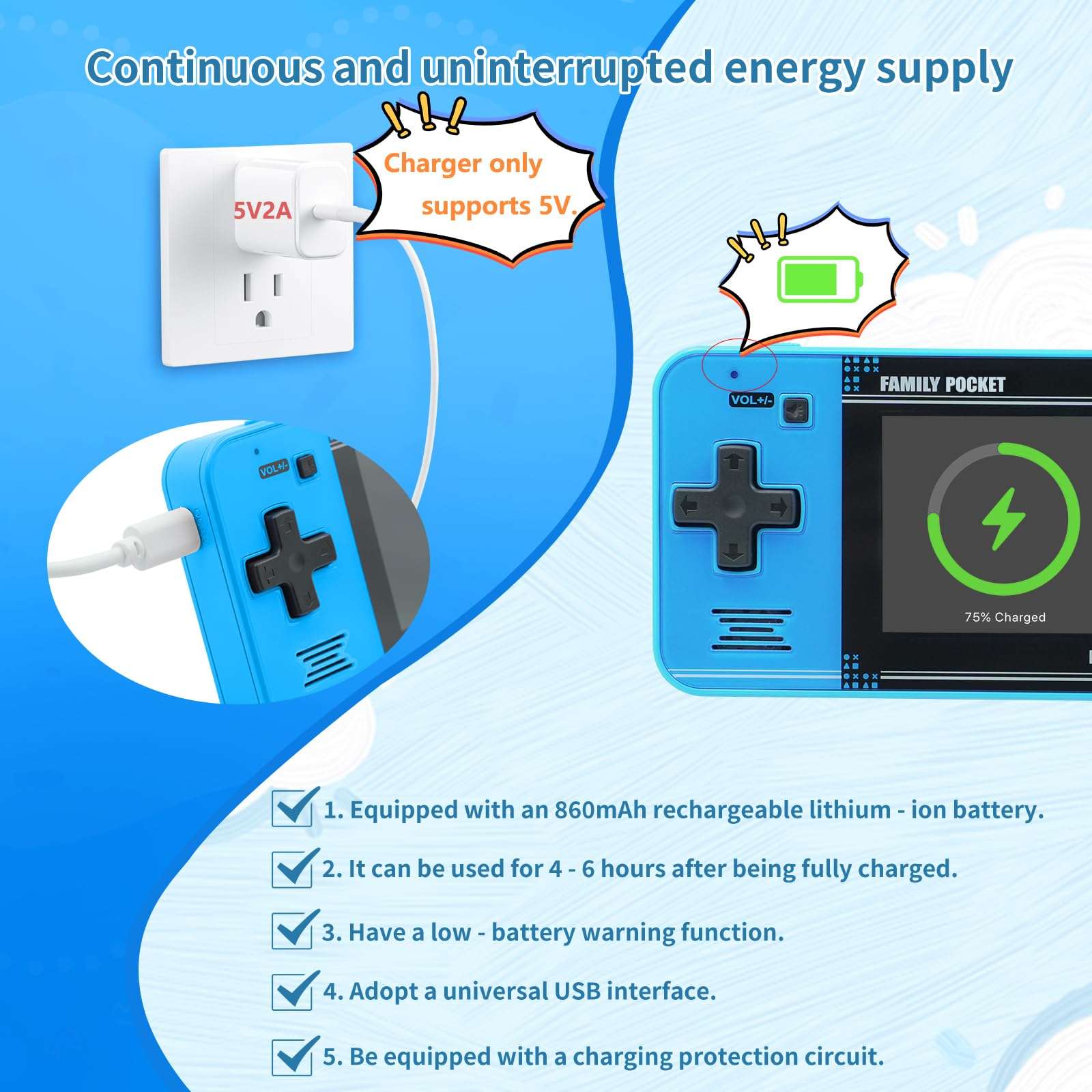 Handheld Game for Kids -Preloaded 220 Retro Video Games, Portable Gaming Player with Rechargeable Battery 3.0" LCD Screen, Mini Arcade Electronic Toy Gifts for Boys Girls (Blue) - Image 3