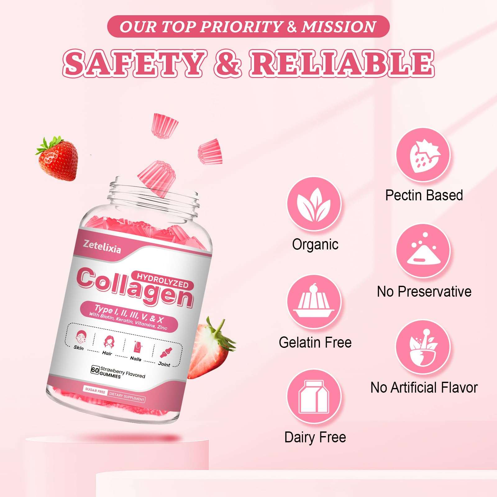 Zetelixia Collagen Gummies for Women Men, Hydrolyzed Collagen Peptide Type I,II,III,V,X with Biotin, Vitamin C A B D E for Skin Hair Nails J0ints, Immunity Energy Digestion, Sugar Free, 60 Count - Image 6