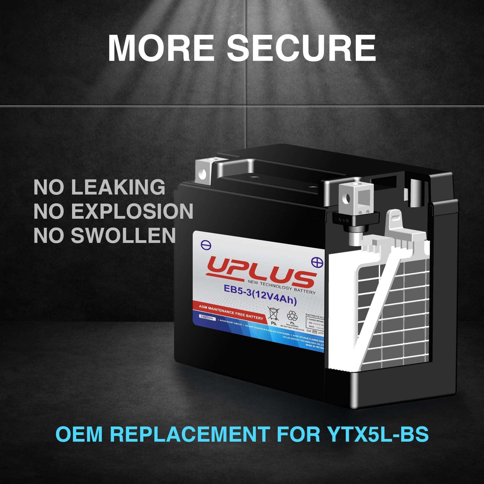 UPLUS YTX5L-BS ATV Motorcycle Battery, EB5-3 Maintenance Free 12V 4Ah SLA Batteries Scooter AGM Battery, Replacement for GTX5L-BS, ETX5L-BS, CTX5L-BS, BTX5L-BS, PTX5L-BS, AGM12-5, YTZ5S-BS - Image 5