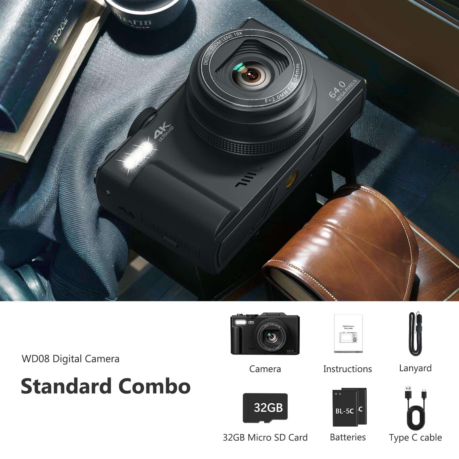 4K Digital Camera for Photography, 64MP Vlogging Camera for YouTube with 3" 180° Flip Screen, 18X Digital Zoom Point and Shoot Camara with 32GB Micro SD Card for Beginner (Black) - Image 7