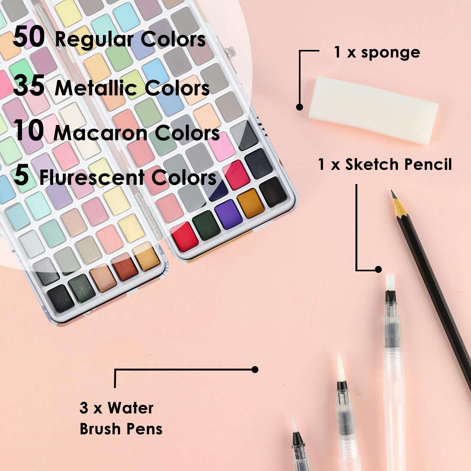 Grabie 100 Colors Watercolor Paint Set - 50 Regular, 35 Metallic, 10 Macaron and 5 Fluorescent Colors - Portable with Carrying Case, Water Brush Pens, and Accessories - For Beginners and Professionals - Image 3