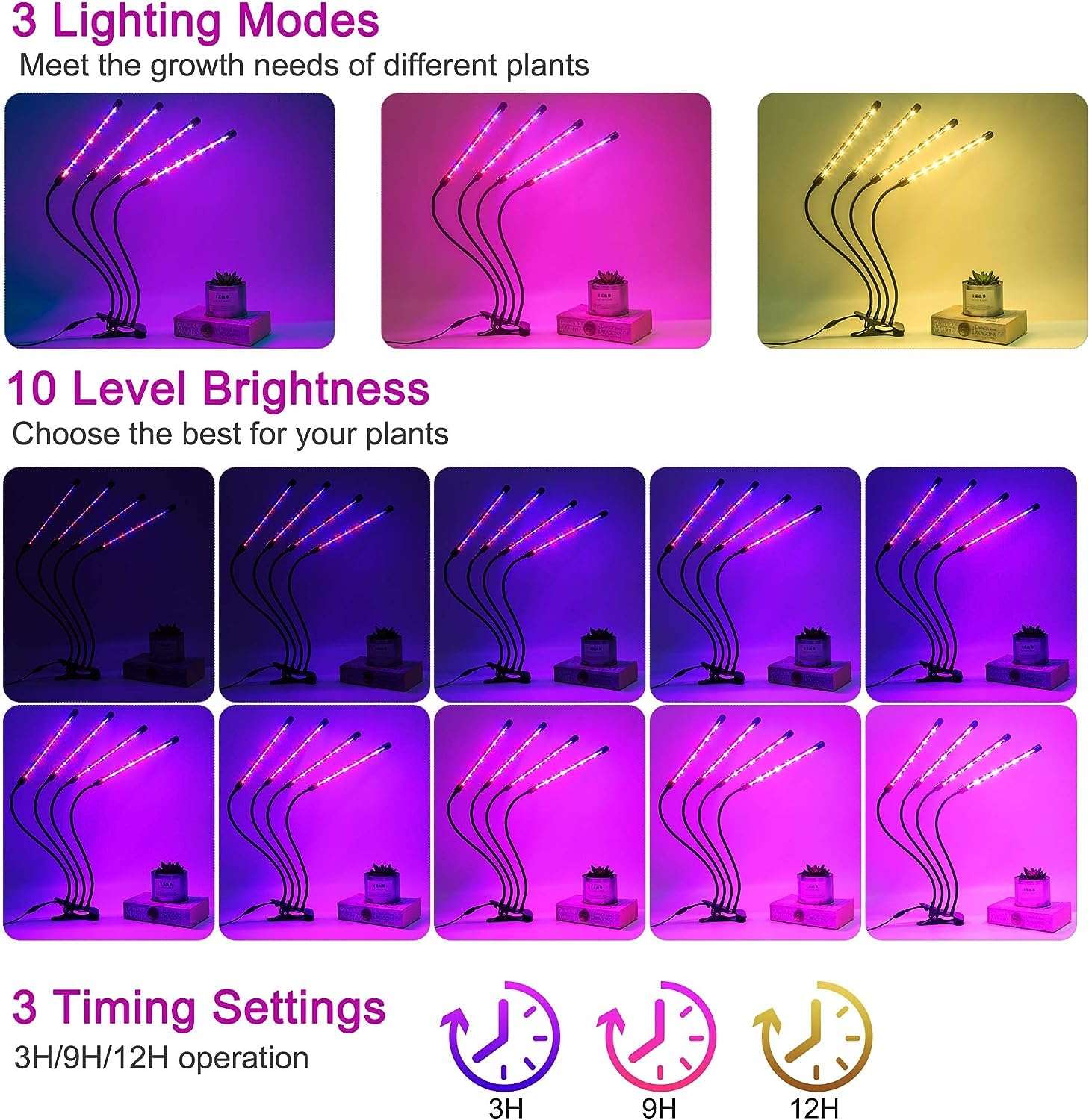 LEOTER Grow Light for Indoor Plants - Upgraded Version 80 LED Lamps with Full Spectrum & Red Blue Spectrum, 3/9/12H Timer, 10 Dimmable Level, Adjustable Gooseneck,3 Switch Modes - Image 7