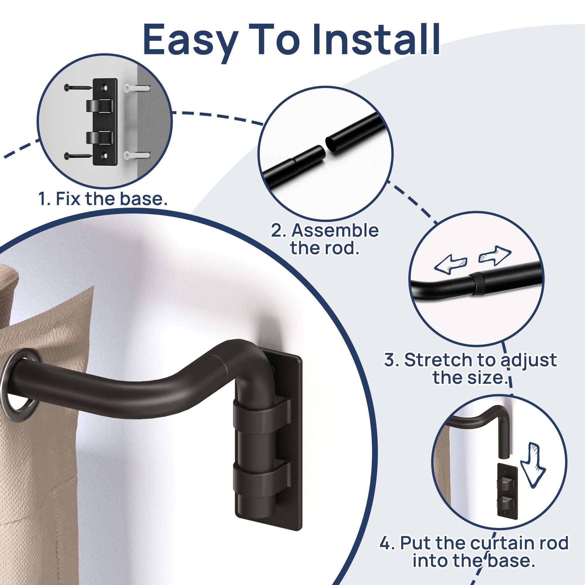 ENJOYBASICS Blackout Curtain rod for windows 48 to 84, 5/8 in Wrap Around Curtain Rods for Bedroom, Living Room, Adjustable from 30 to 86 Inches, Matte Black - Image 4