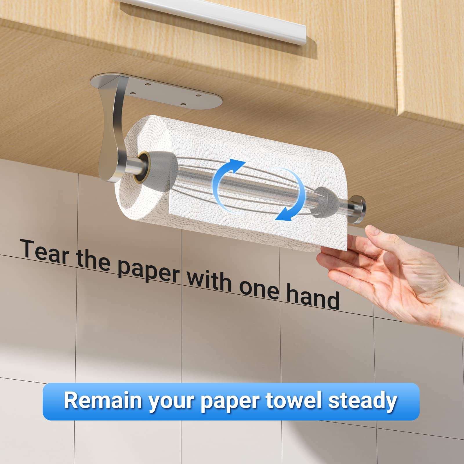 Paper Towel Holder Under Cabinet, One-Handed Tear, Wall Mount, Adhesive, Silver, Paper Roll Holder with Ratchet Mechanism for Kitchen Bathroom Farmhouse Essentials Decor Accessories - Image 4