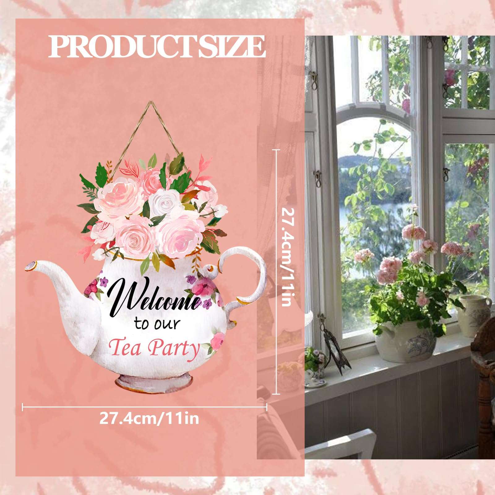 CANIPHA Tea Party Decorations Door Sign, Colorful TeaPot-Shaped Tea Party Decor Hanging Door Plaque Floral Themed Welcome Sign for Party, Tea Party Decors for Women Home Front Door Tea Party Supplies - Image 2