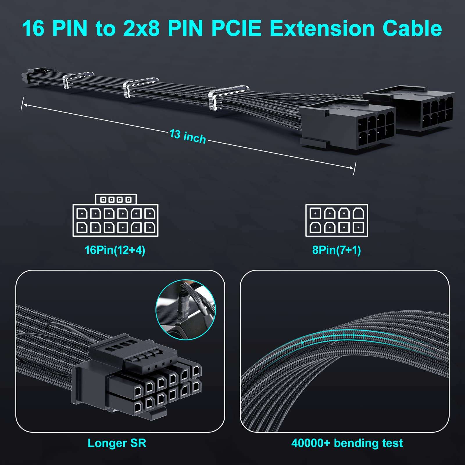 Bangfun PCIE 5.0 16Pin GPU Power 12VHPWR Extension Cable, 16Pin(12+4) Male to 2X8Pin Female GPU Adapter Extender Cord Designed for Geforce RTX 4070 4070Ti Super 5090 5080 5070Ti-13Inch Black - Image 5