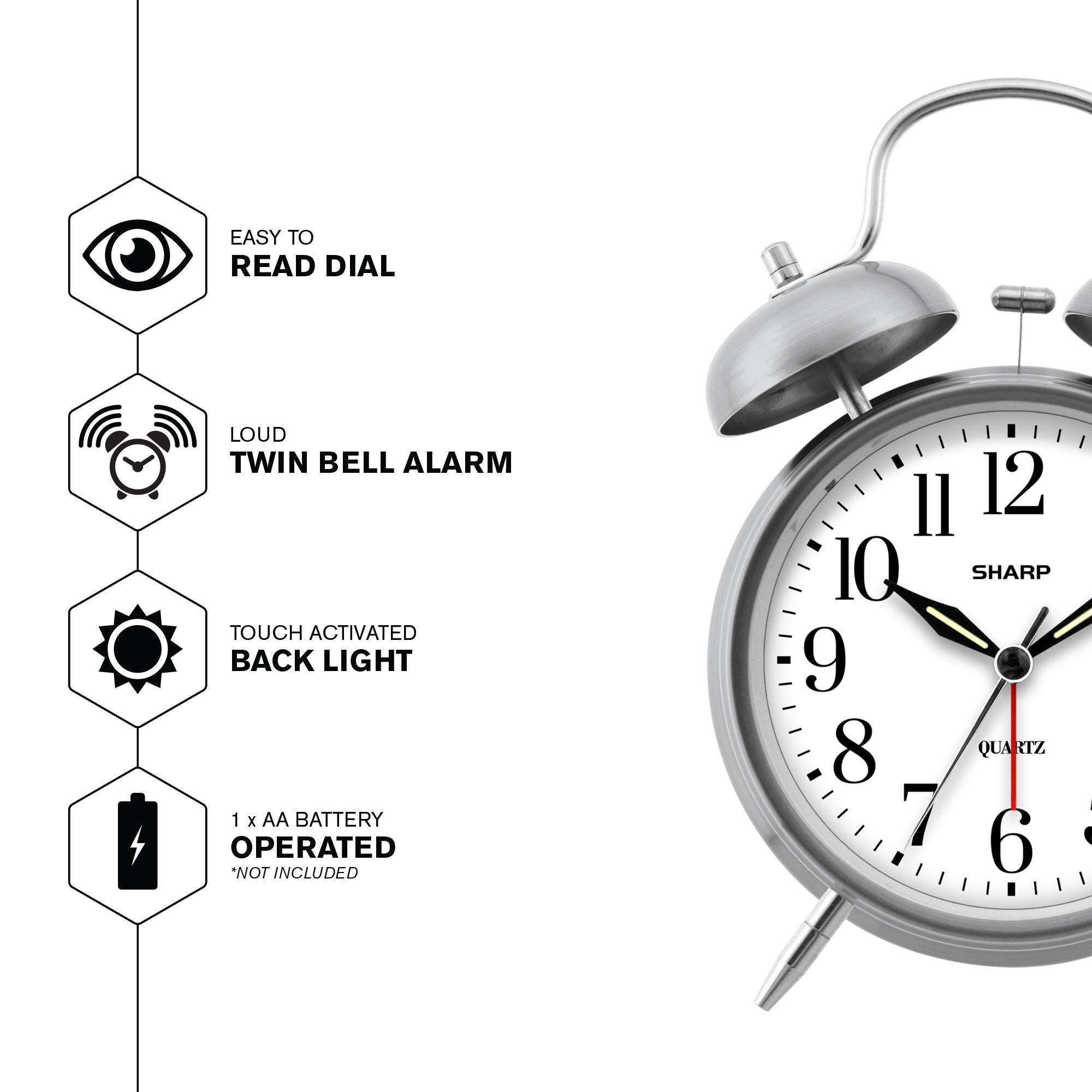Sharp Twin Bell Alarm Clock - Loud Alarm - Great for Heavy Sleepers - Battery Operated Quartz Analog Clock (Brushed Silver) - Image 4